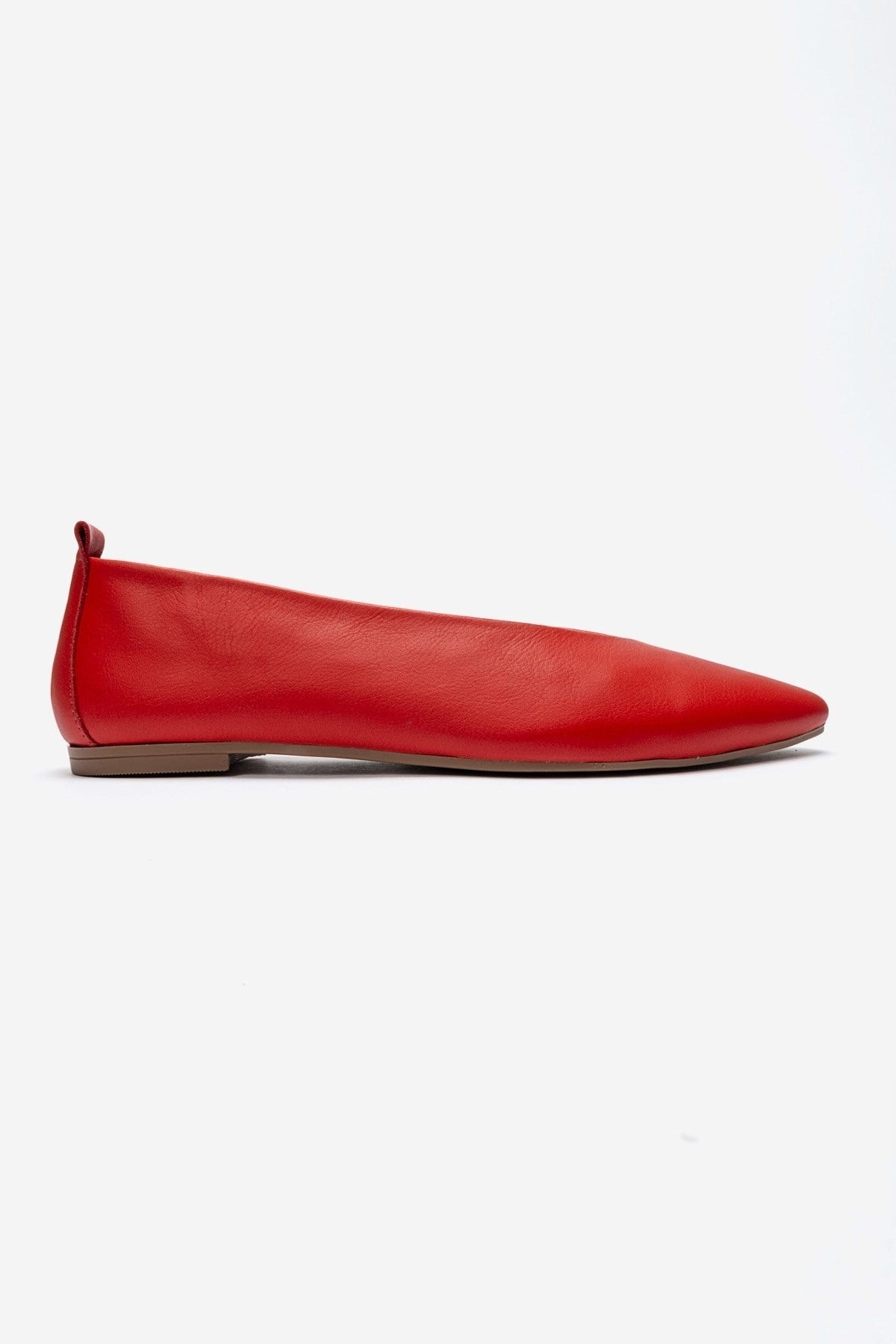 Jenas - Red Genuine Leather Pointed Toe Ballet Flat – heel view showing leather, red, Vowalisse
