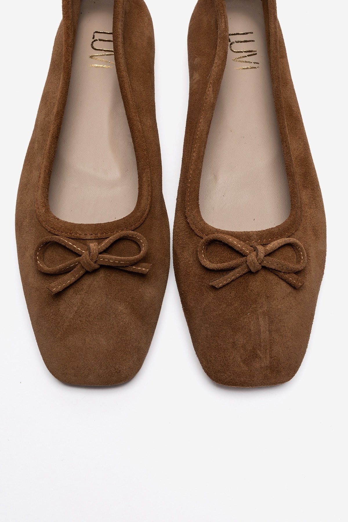 Sosa - Cognac Genuine Leather Square Toe Bow Ballet Flat – side view showing bow, leather, Vowalisse