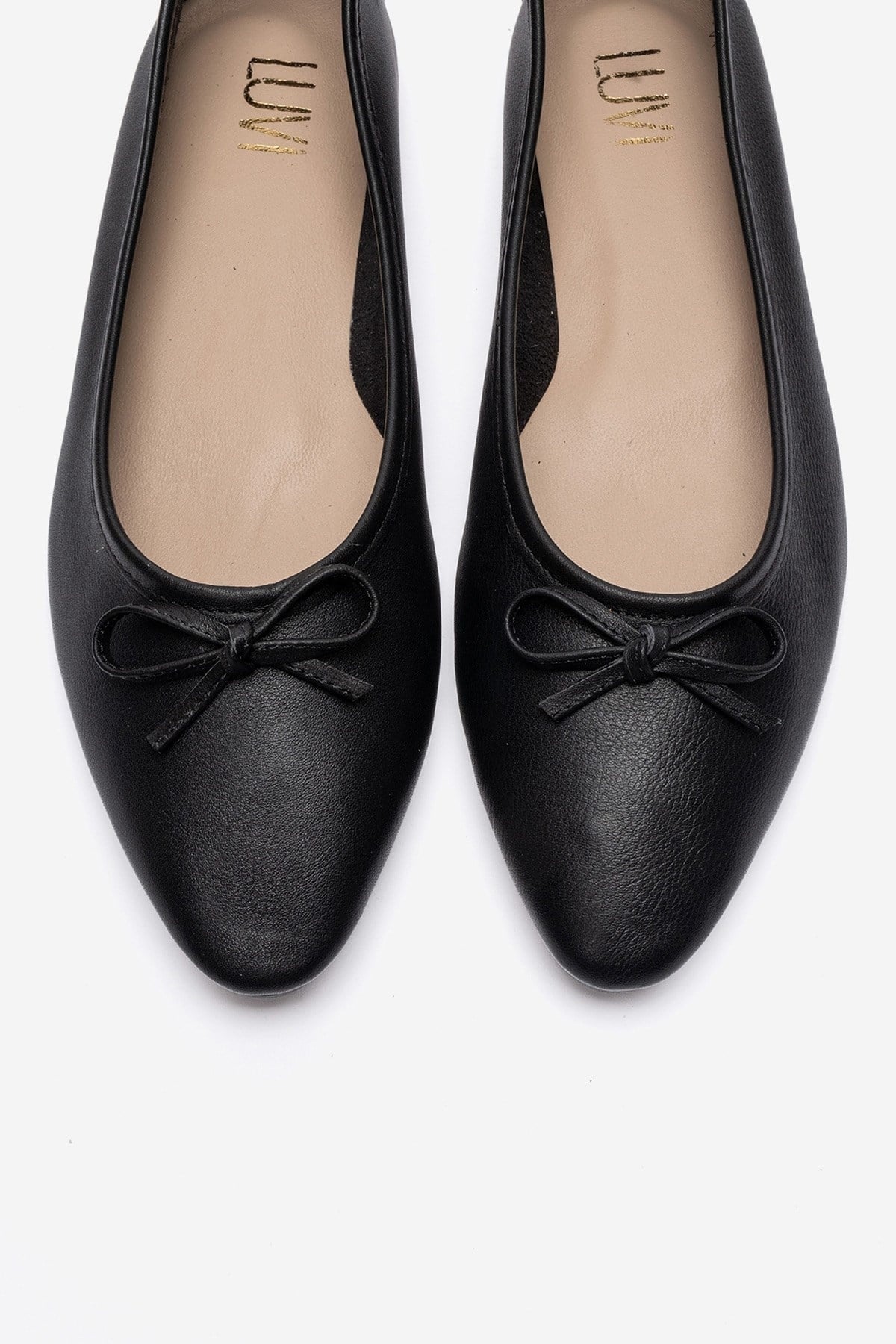 UMIEL - Black Genuine Leather Bow Ballet Flat – side view showing bow, leather, black, Vowalisse