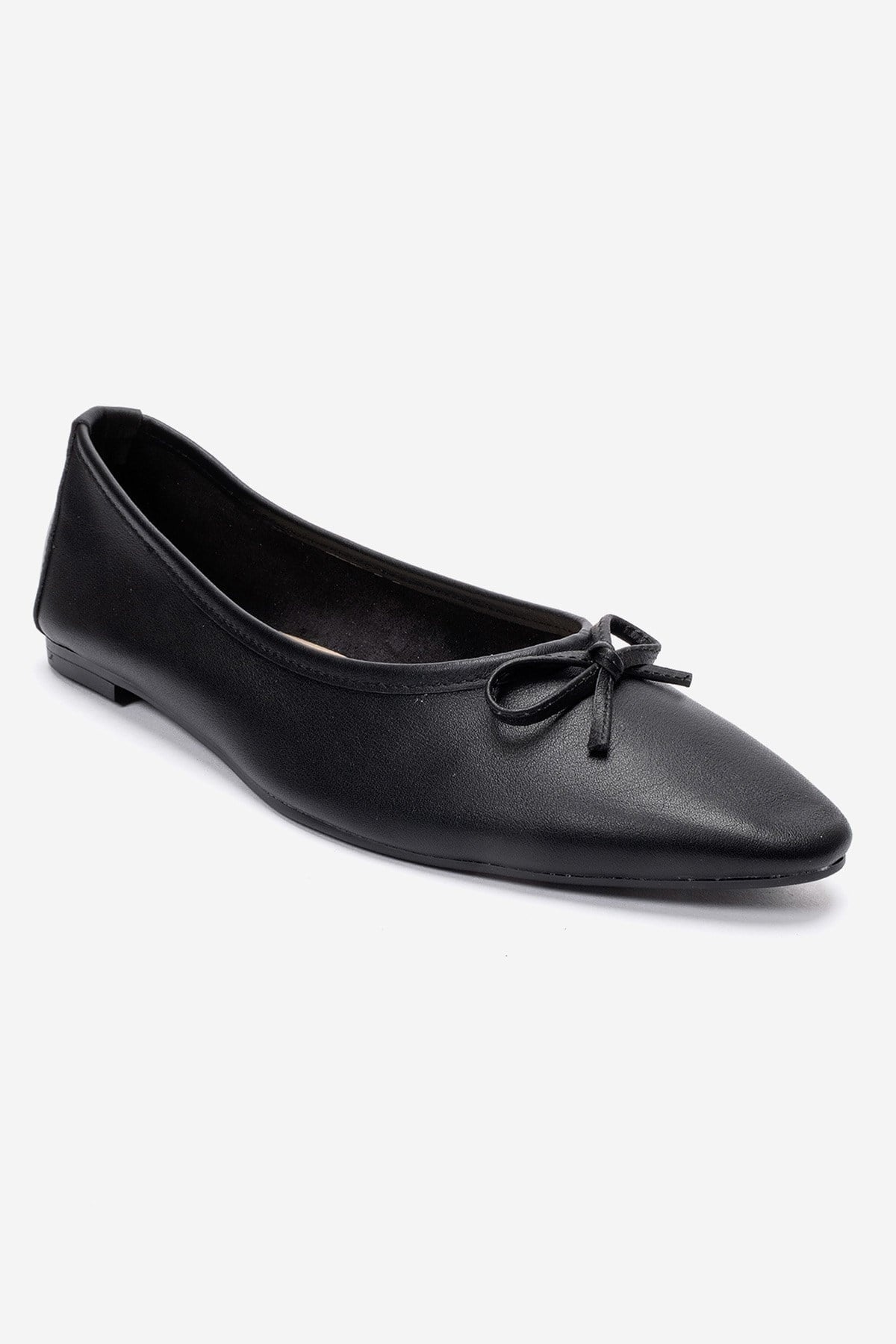 UMIEL - Black Genuine Leather Bow Ballet Flat – detail view showing bow, leather, black, Vowalisse