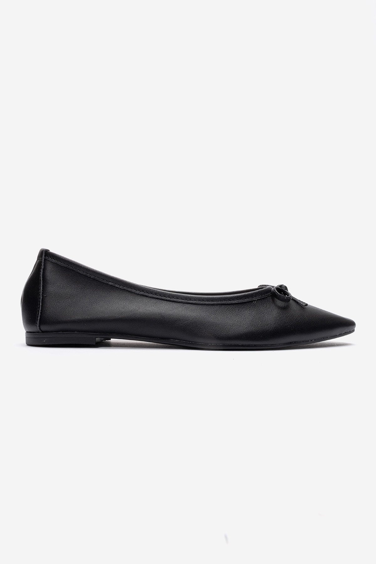 UMIEL - Black Genuine Leather Bow Ballet Flat – heel view showing bow, leather, black, Vowalisse