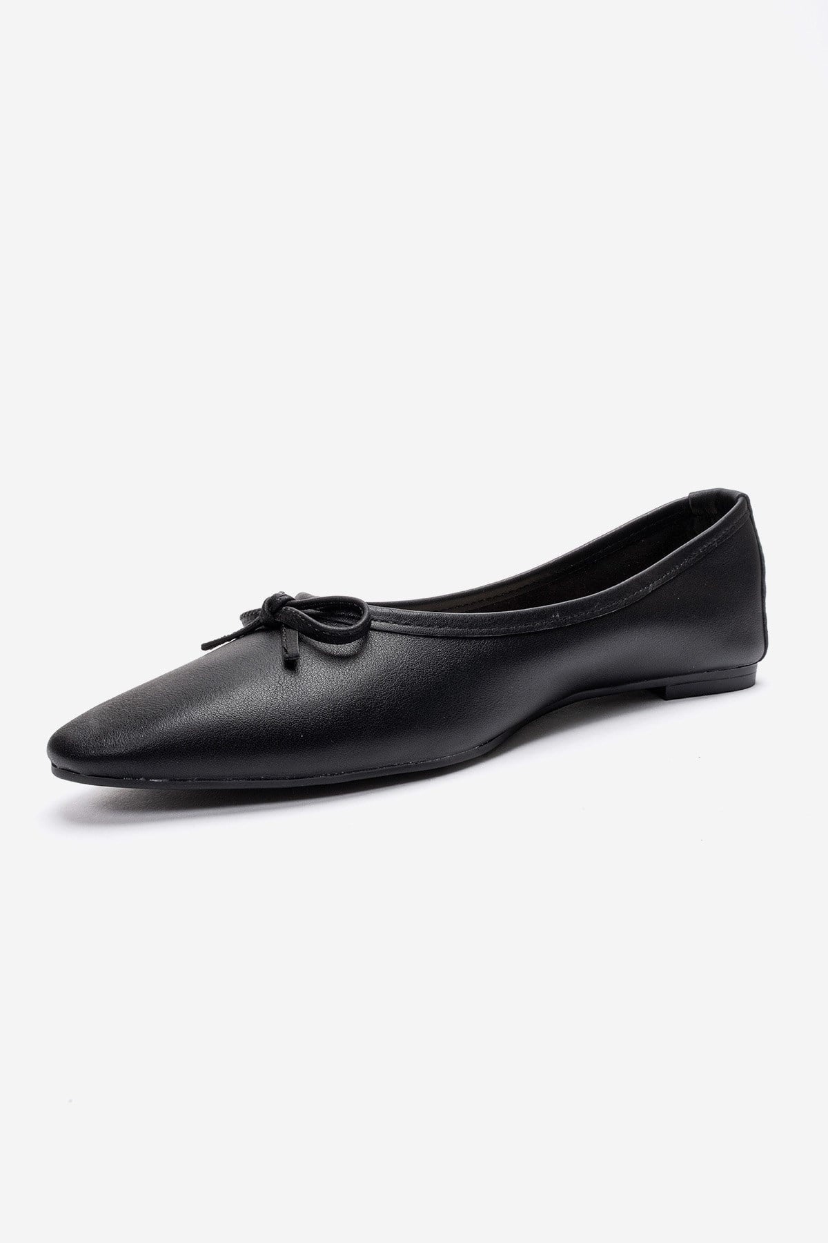 UMIEL - Black Genuine Leather Bow Ballet Flat – top view showing bow, leather, black, Vowalisse
