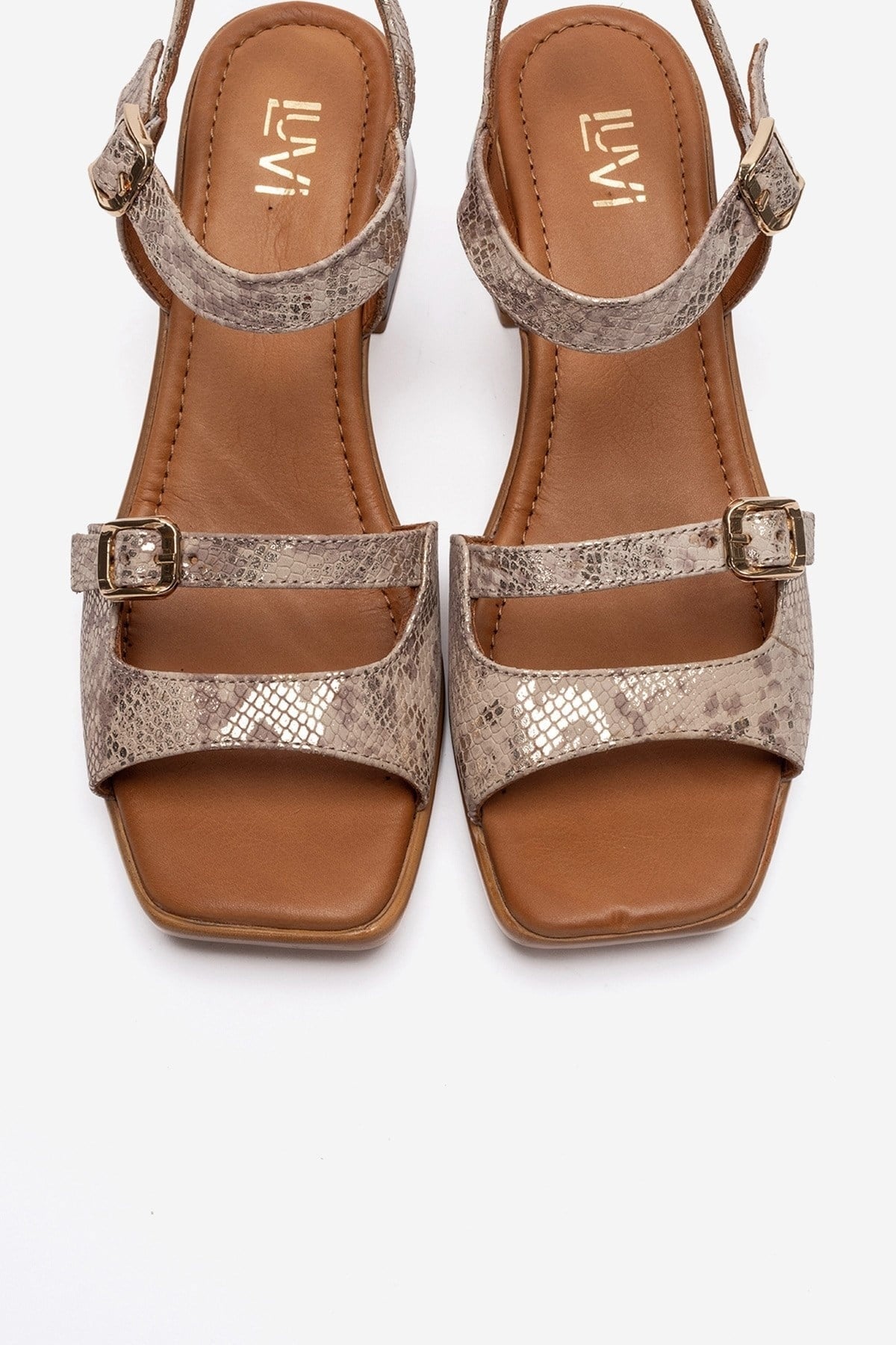 YOLEN - Beige Patterned Genuine Leather Block Heel Sandal – side view showing leather, Vowalisse