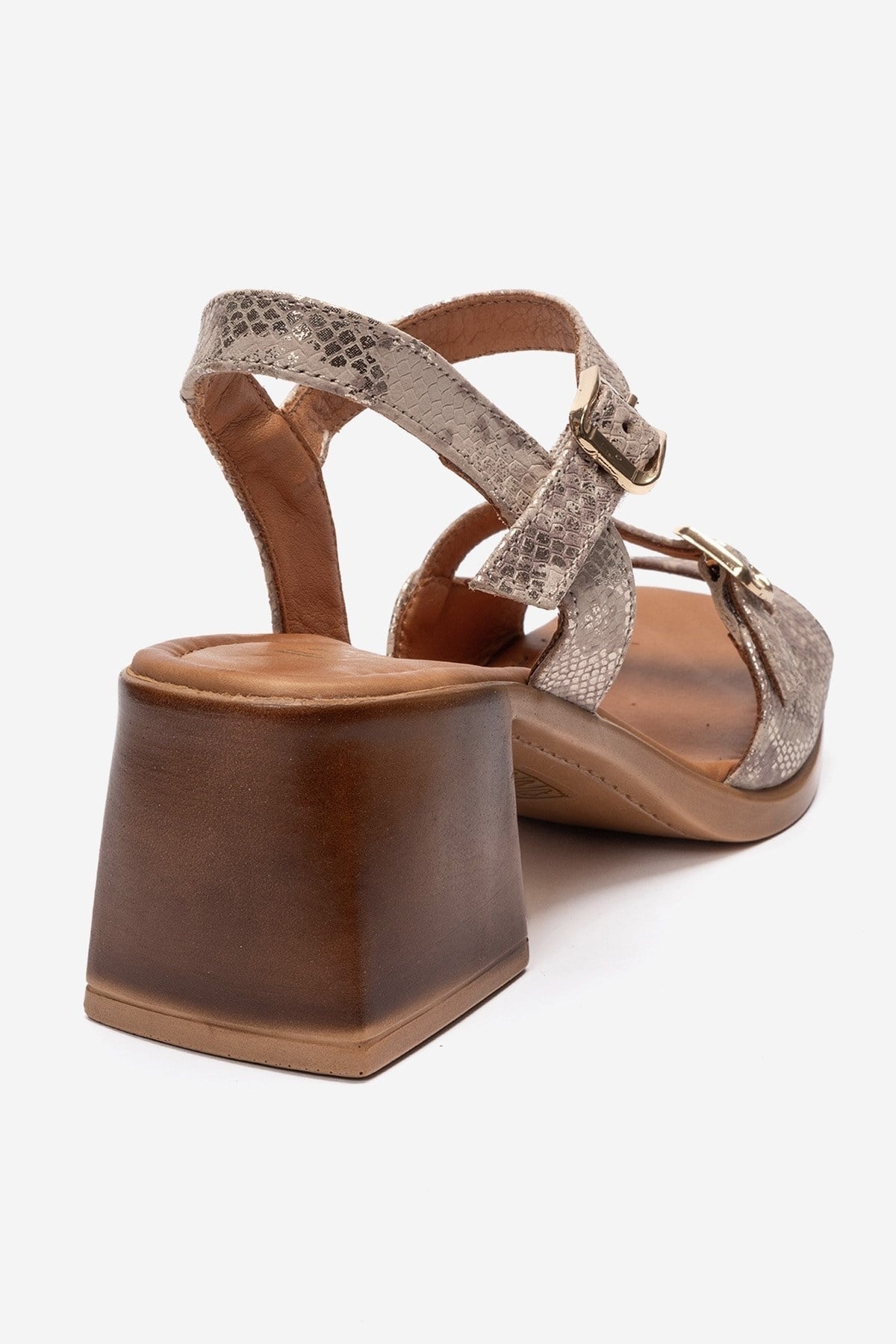 YOLEN - Beige Patterned Genuine Leather Block Heel Sandal – back view showing leather, Vowalisse