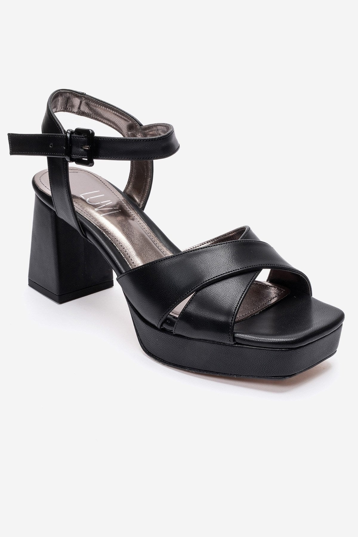 Lisbon - Black Cross Strap Platform Heel – detail view showing leather, black, Vowalisse