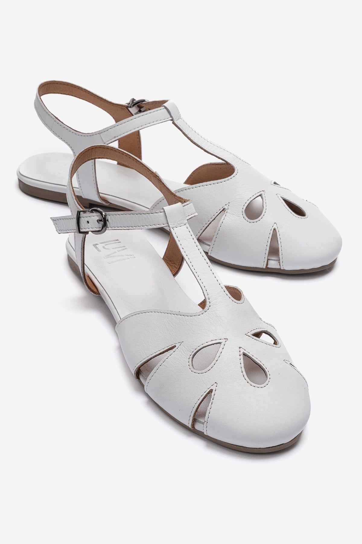 NATHALIE - White Genuine Leather Sandal – front three-quarter view showing leather, white, Vowalisse
