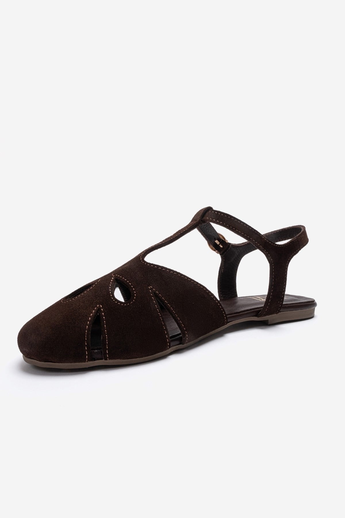 NATHALIE - Brown Genuine Leather Sandal – top view showing leather, suede, Vowalisse