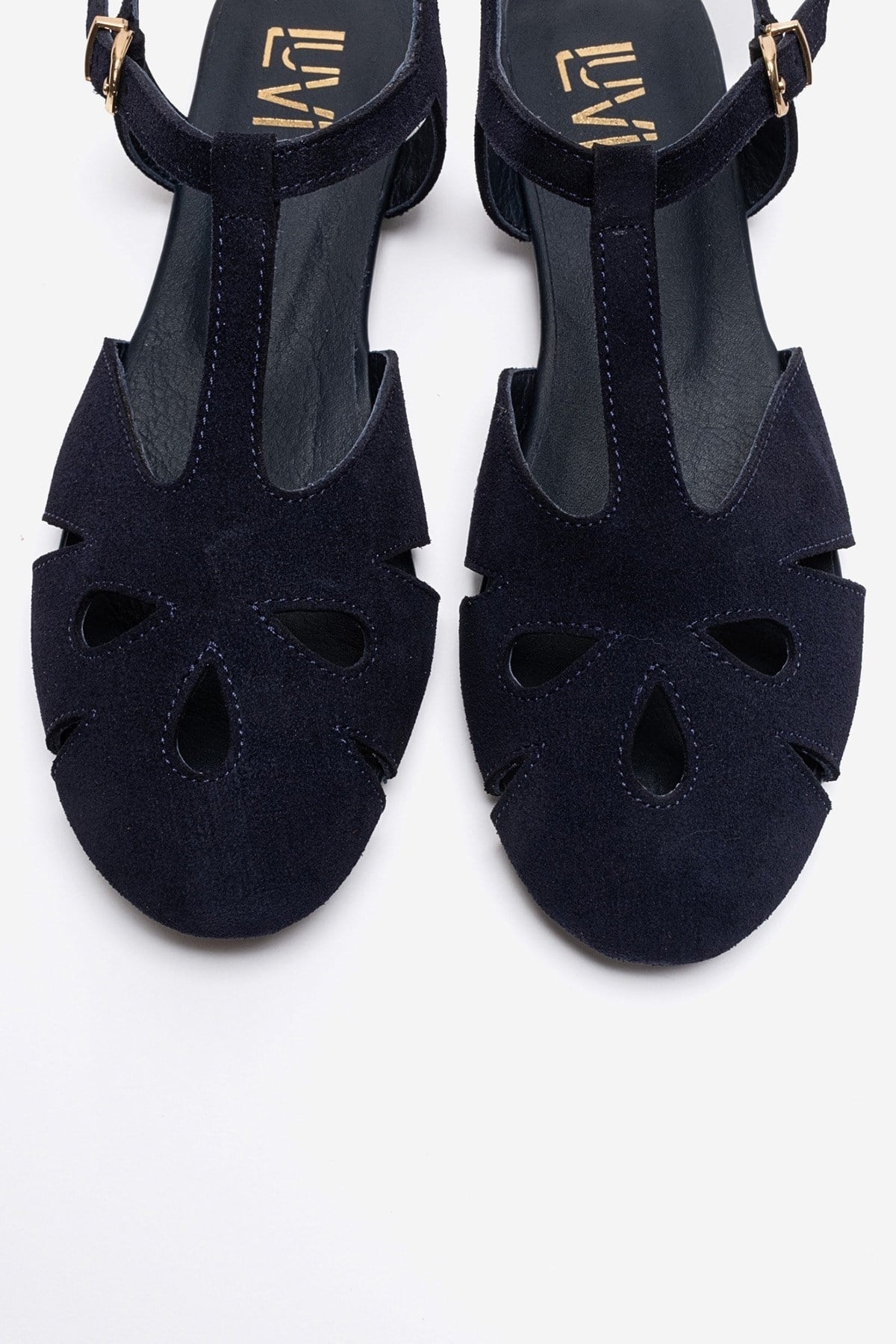 NATHALIE - Navy Genuine Leather Sandal – side view showing leather, suede, Vowalisse