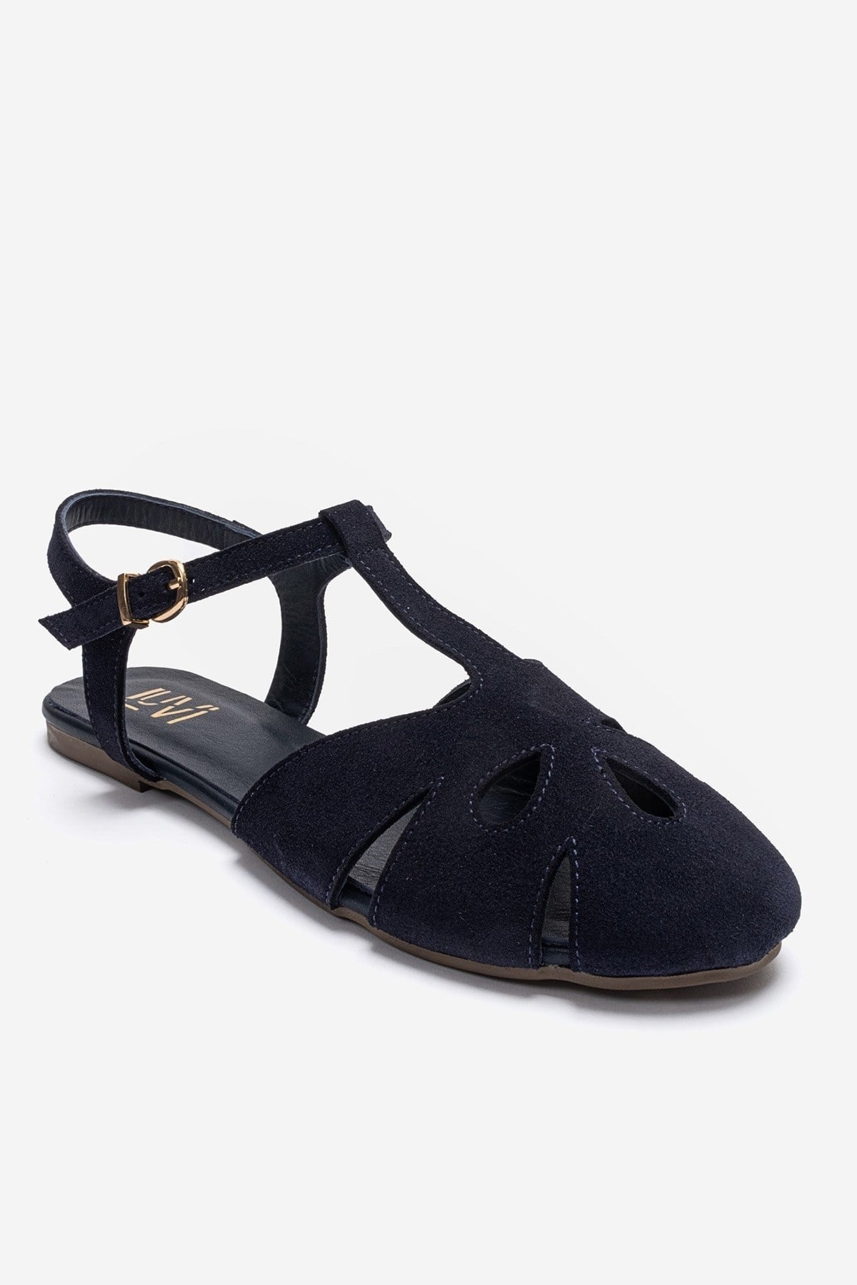 NATHALIE - Navy Genuine Leather Sandal – detail view showing leather, suede, Vowalisse