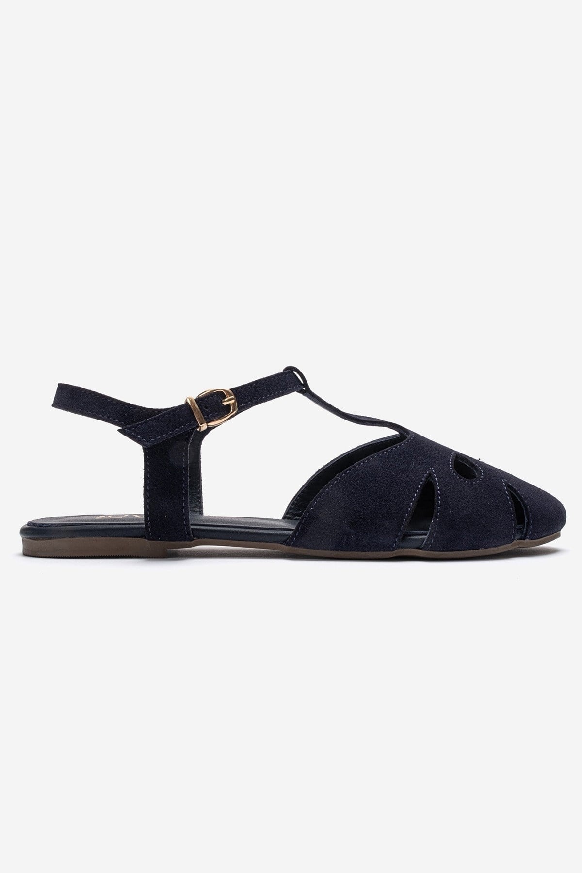 NATHALIE - Navy Genuine Leather Sandal – heel view showing leather, suede, Vowalisse