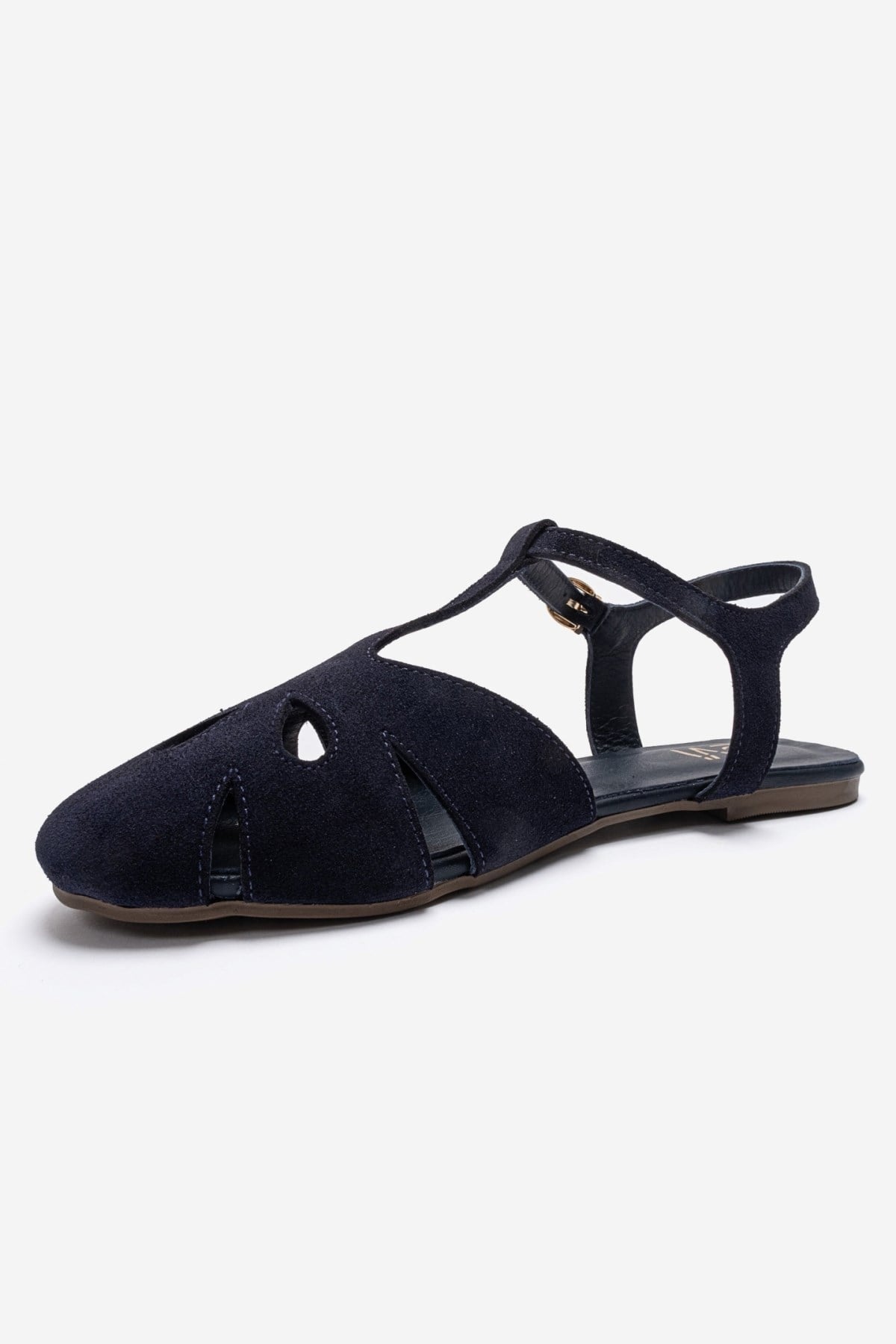 NATHALIE - Navy Genuine Leather Sandal – top view showing leather, suede, Vowalisse
