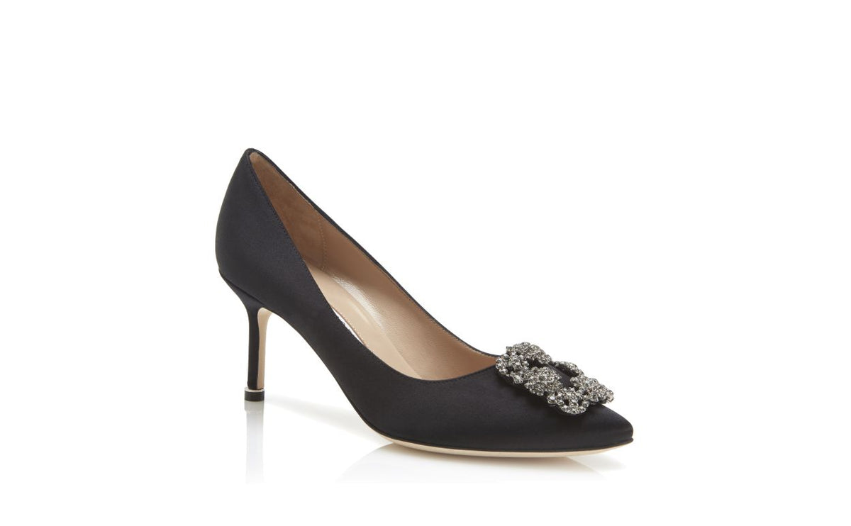 Marielle Belle Black Jewel Buckle Pumps – top view showing black jewel buckle, crystal buckle, almond toe, satin, Vowalisse