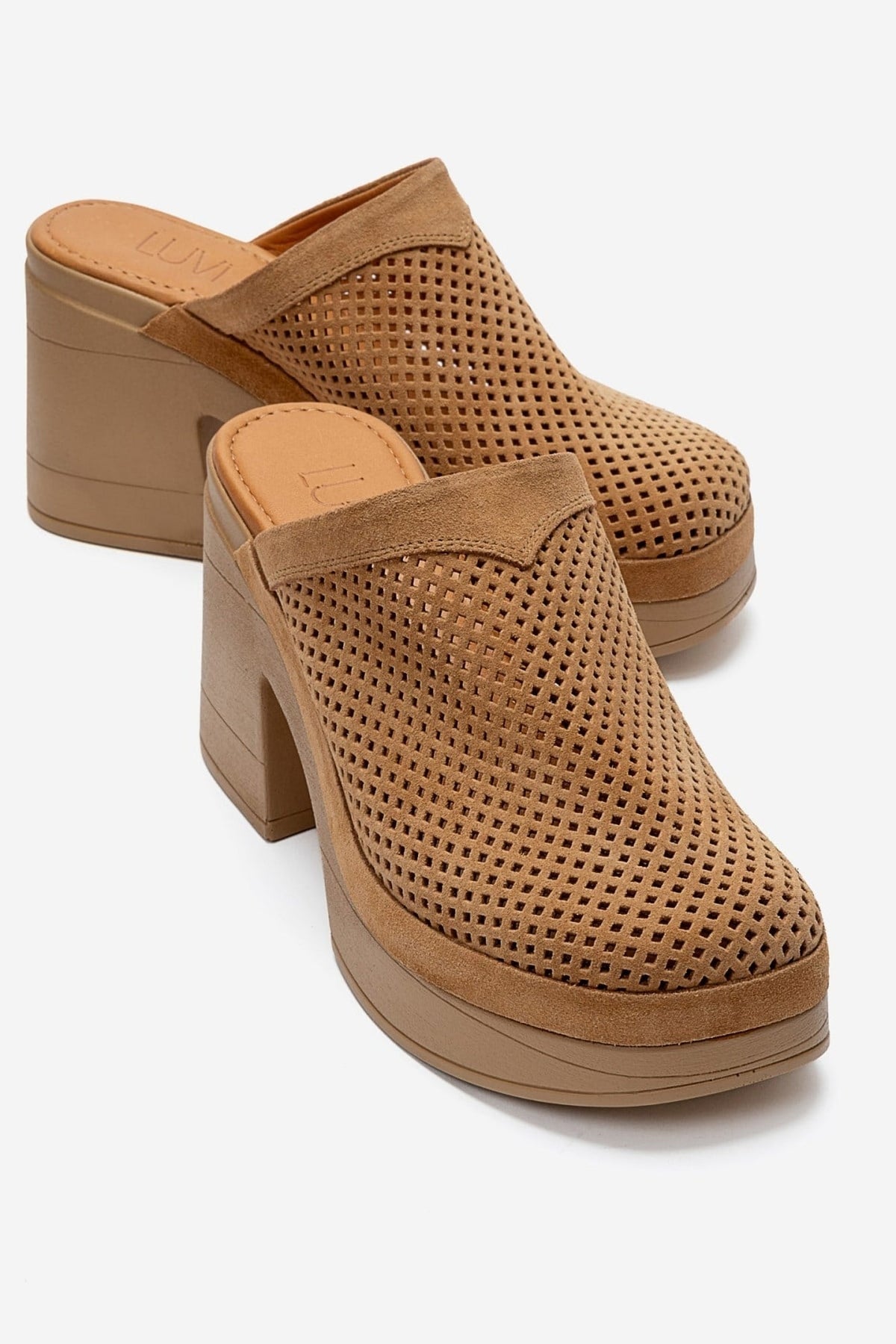 DEJAS - Cognac Genuine Leather Platform Block Heel Mule – front three-quarter view showing leather, suede, Vowalisse