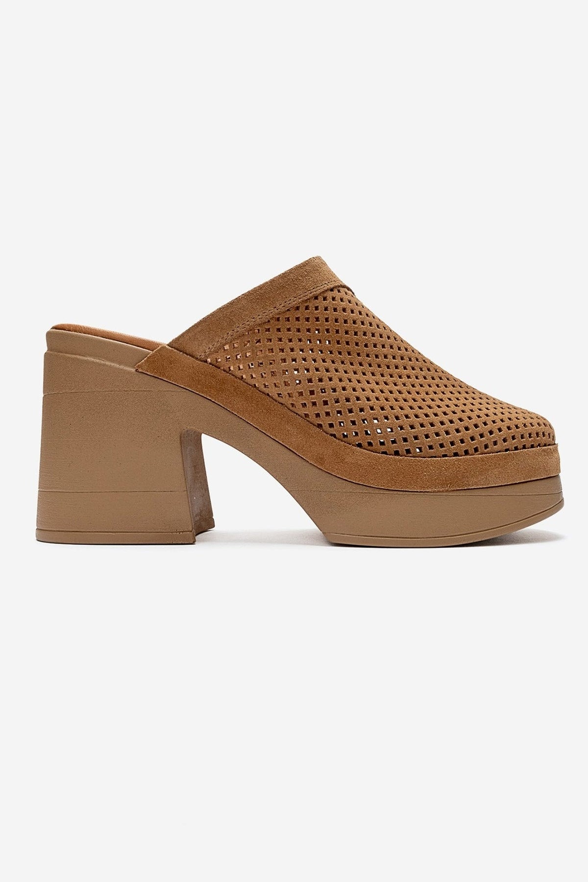 DEJAS - Cognac Genuine Leather Platform Block Heel Mule – heel view showing leather, suede, Vowalisse