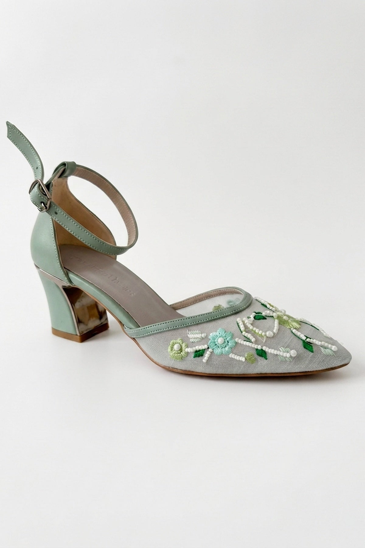 Lorelai Sage Green Embroidered Mesh Pumps – front three-quarter view showing beaded, mesh, metallic, Vowalisse