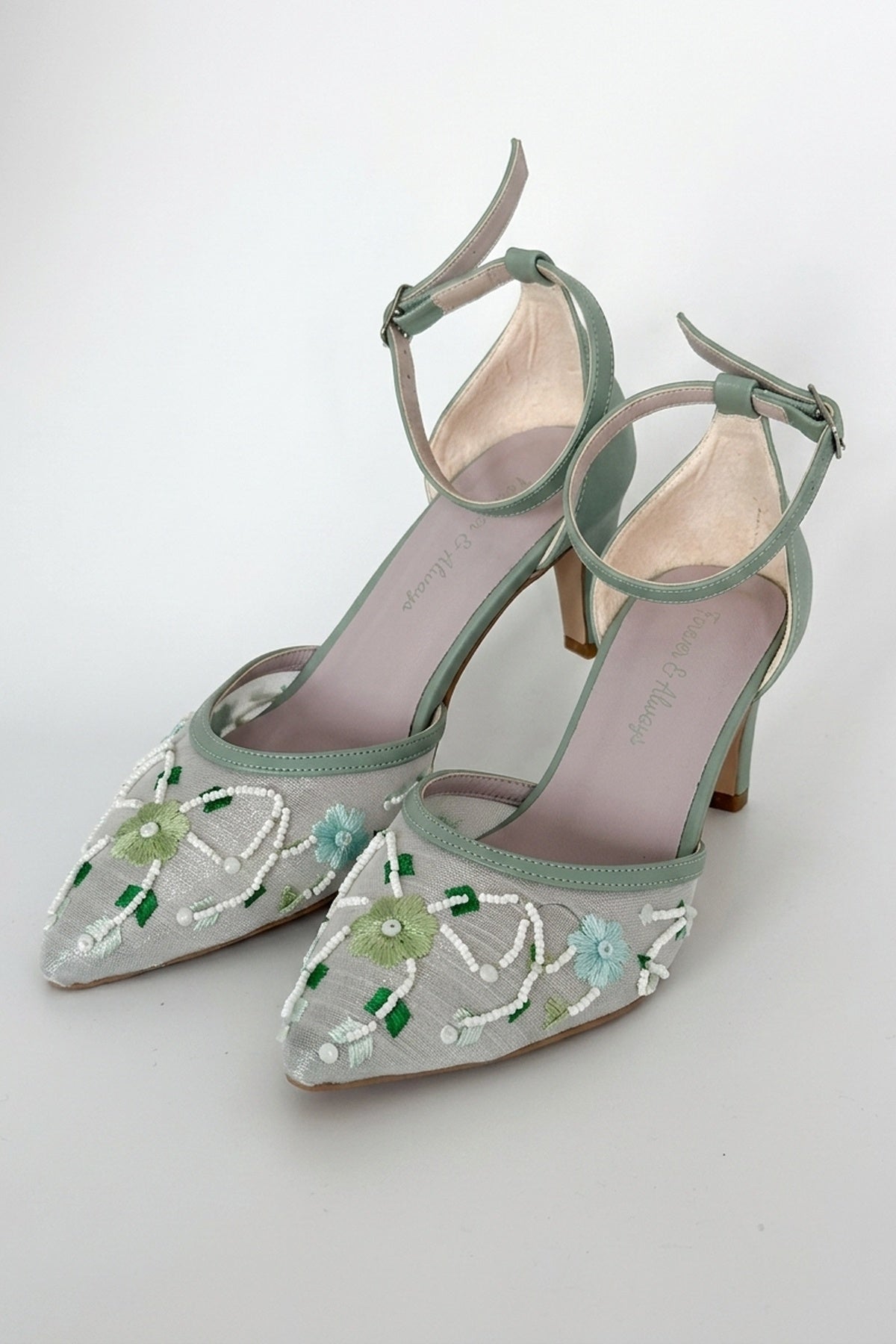Lorelai Sage Green Embroidered Mesh Pumps – heel view showing beaded, mesh, metallic, Vowalisse