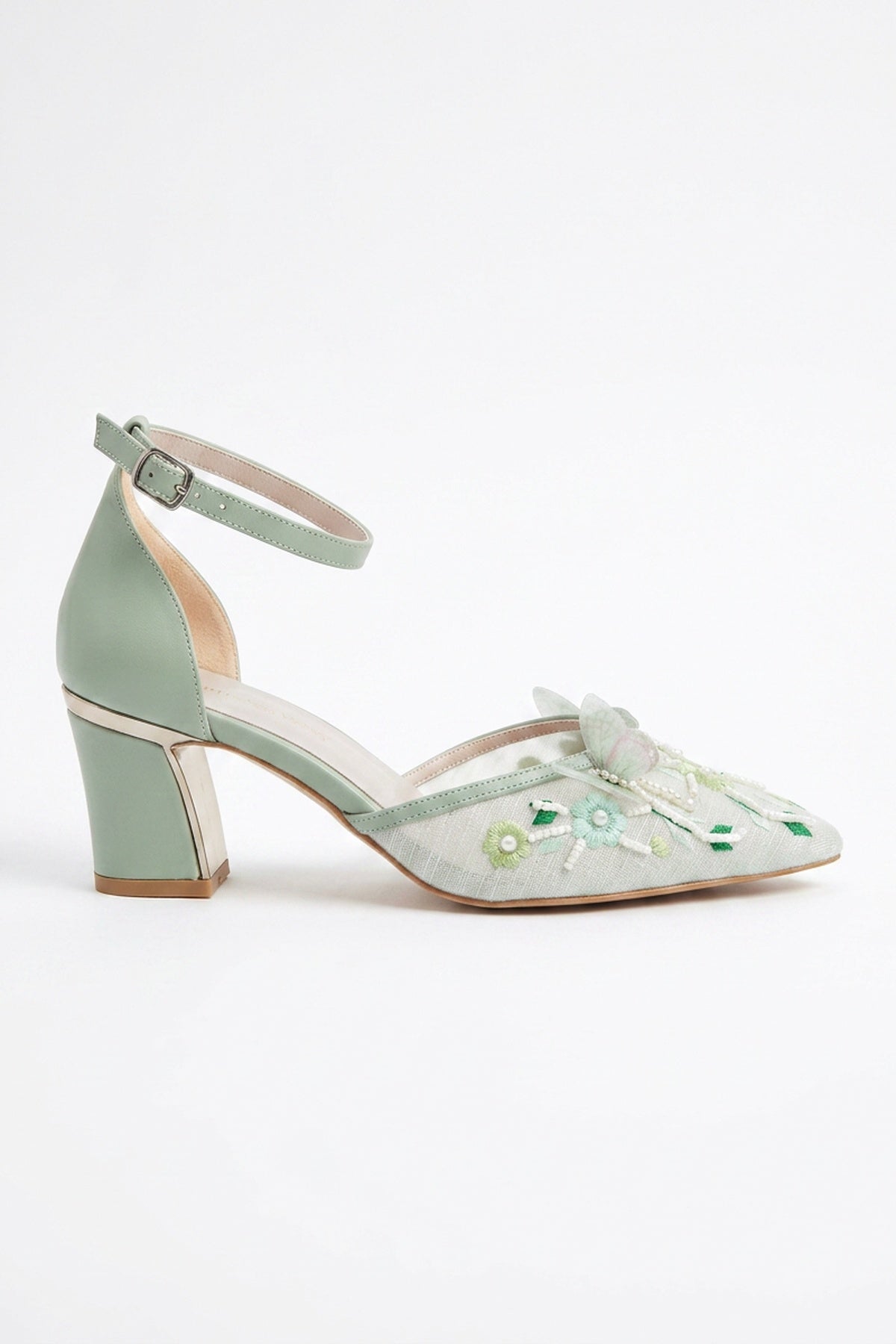 Iry Sage Green Butterfly Embroidered Mesh Pumps – side view showing mesh, metallic, red, Vowalisse