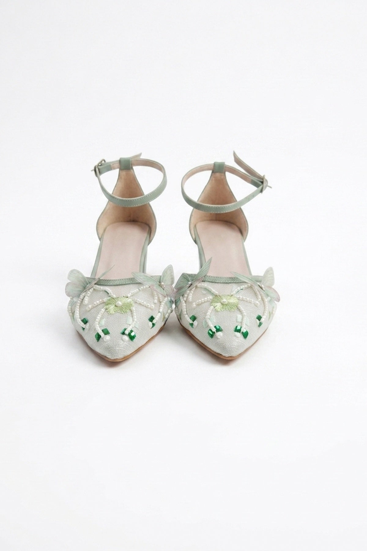 Iry Sage Green Butterfly Embroidered Mesh Pumps – heel view showing mesh, metallic, red, Vowalisse