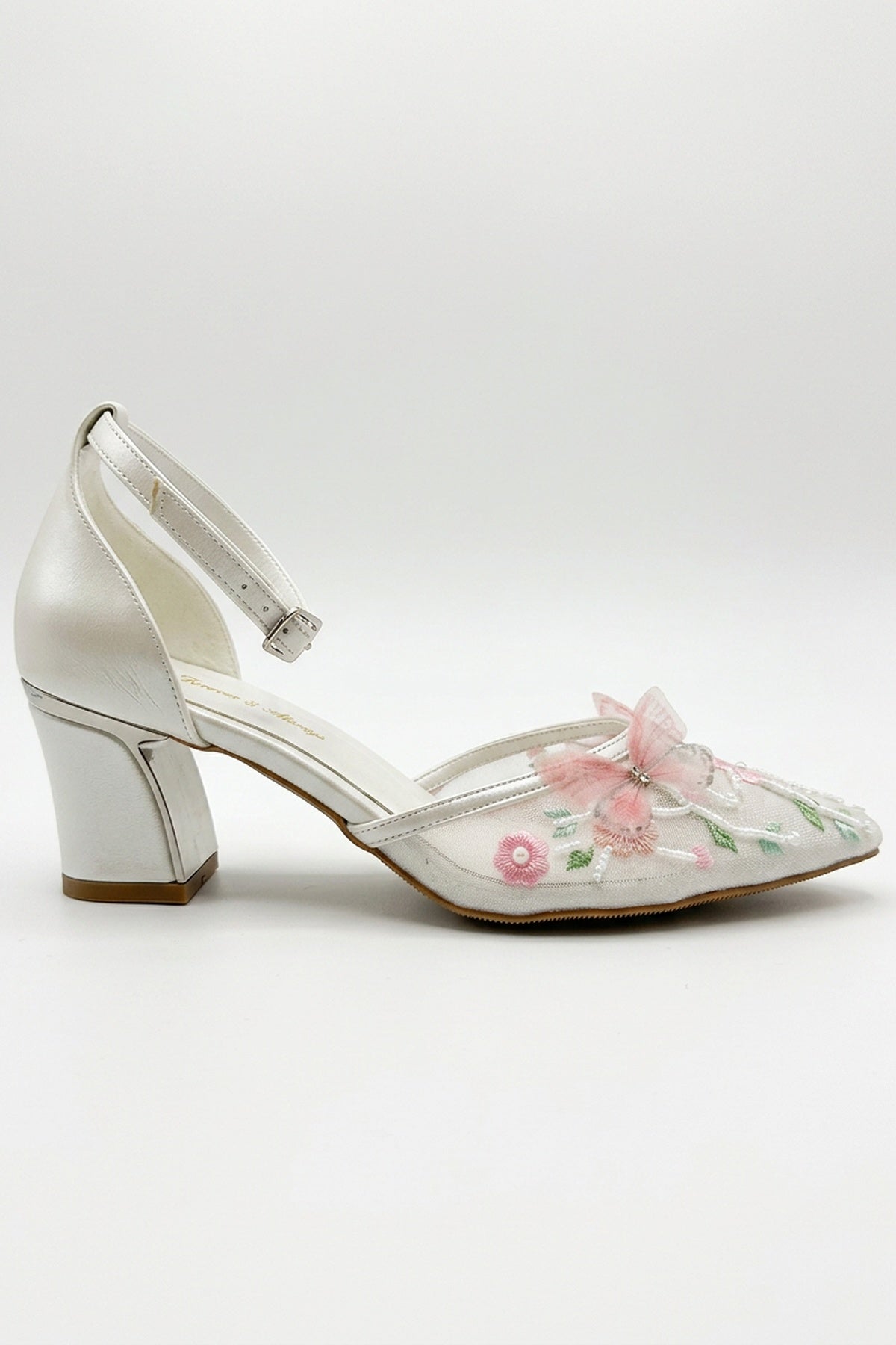 Iry Ivory Butterfly Embroidered Mesh Pumps – side view showing mesh, metallic, ivory, Vowalisse