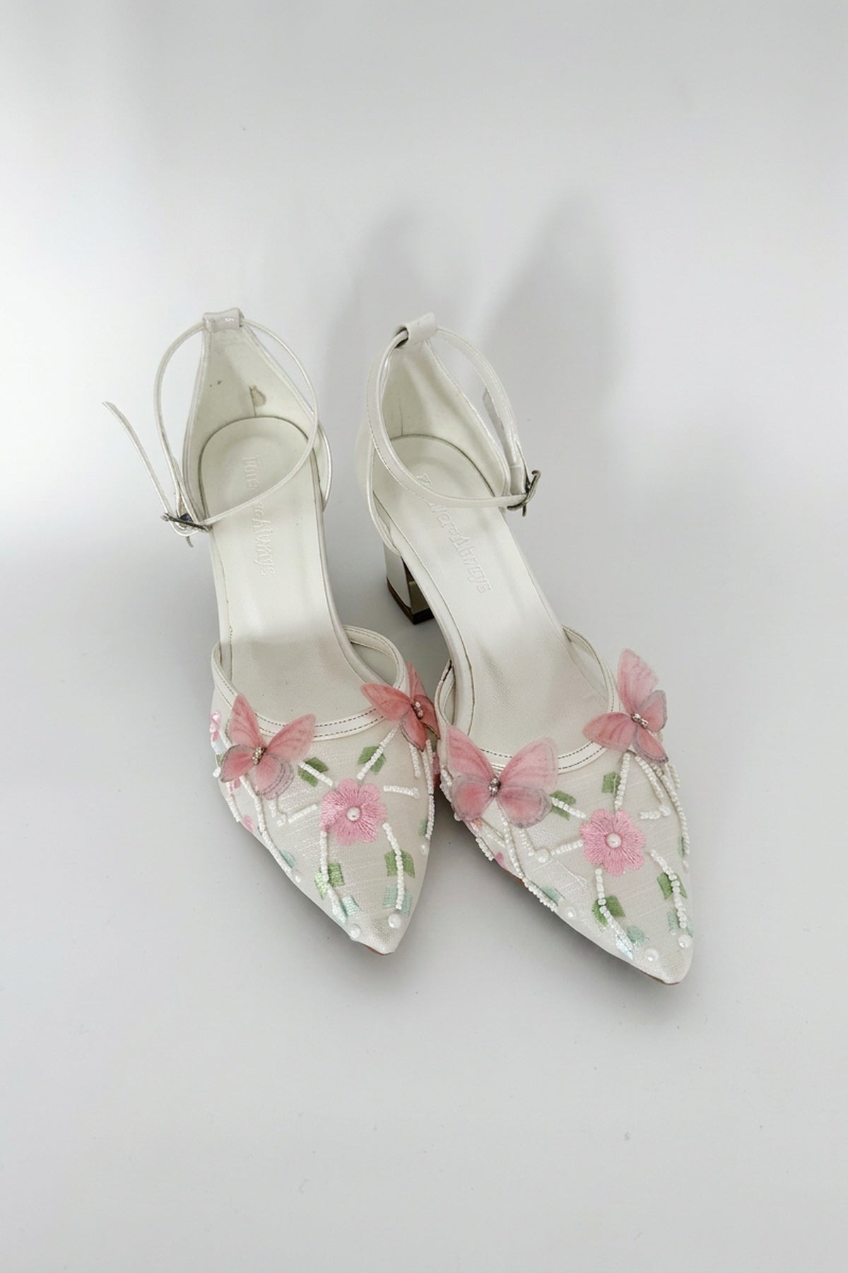 Iry Ivory Butterfly Embroidered Mesh Pumps – back view showing mesh, metallic, ivory, Vowalisse