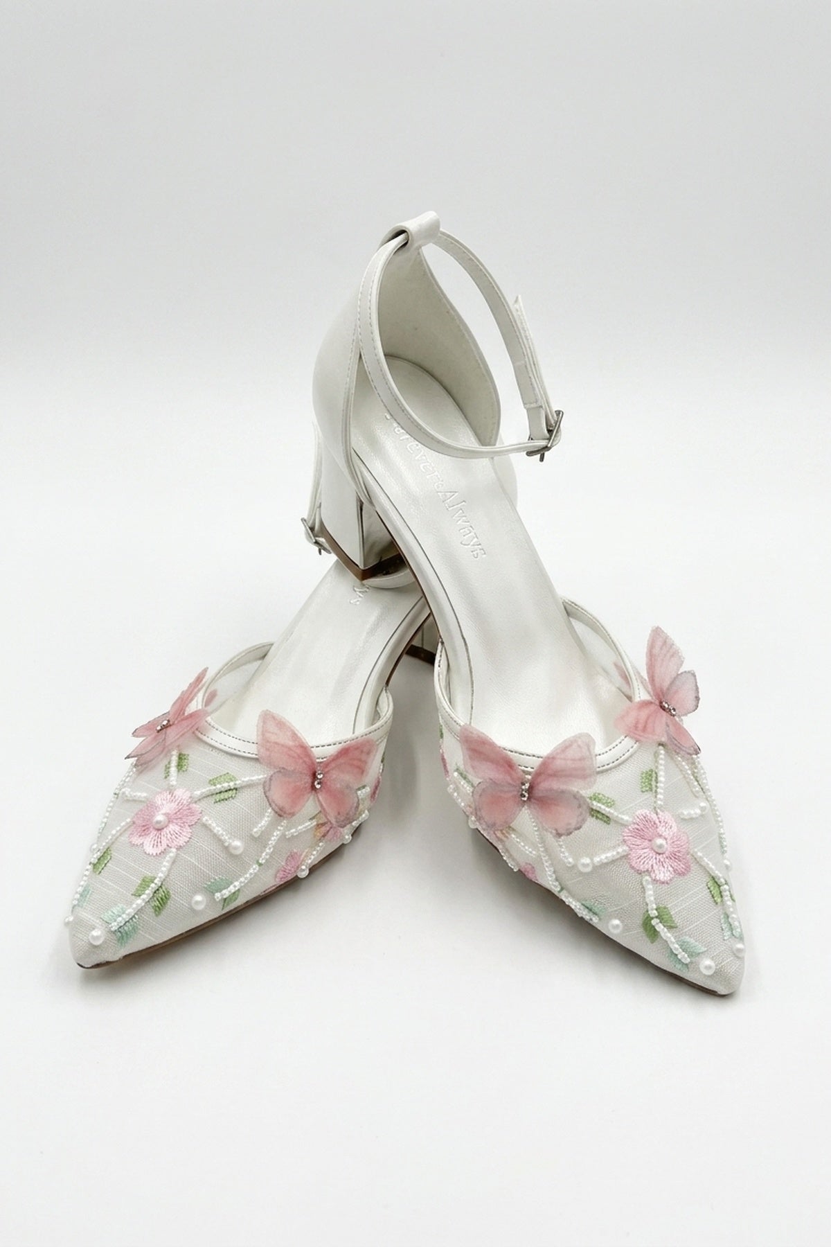 Iry Ivory Butterfly Embroidered Mesh Pumps – top view showing mesh, metallic, ivory, Vowalisse