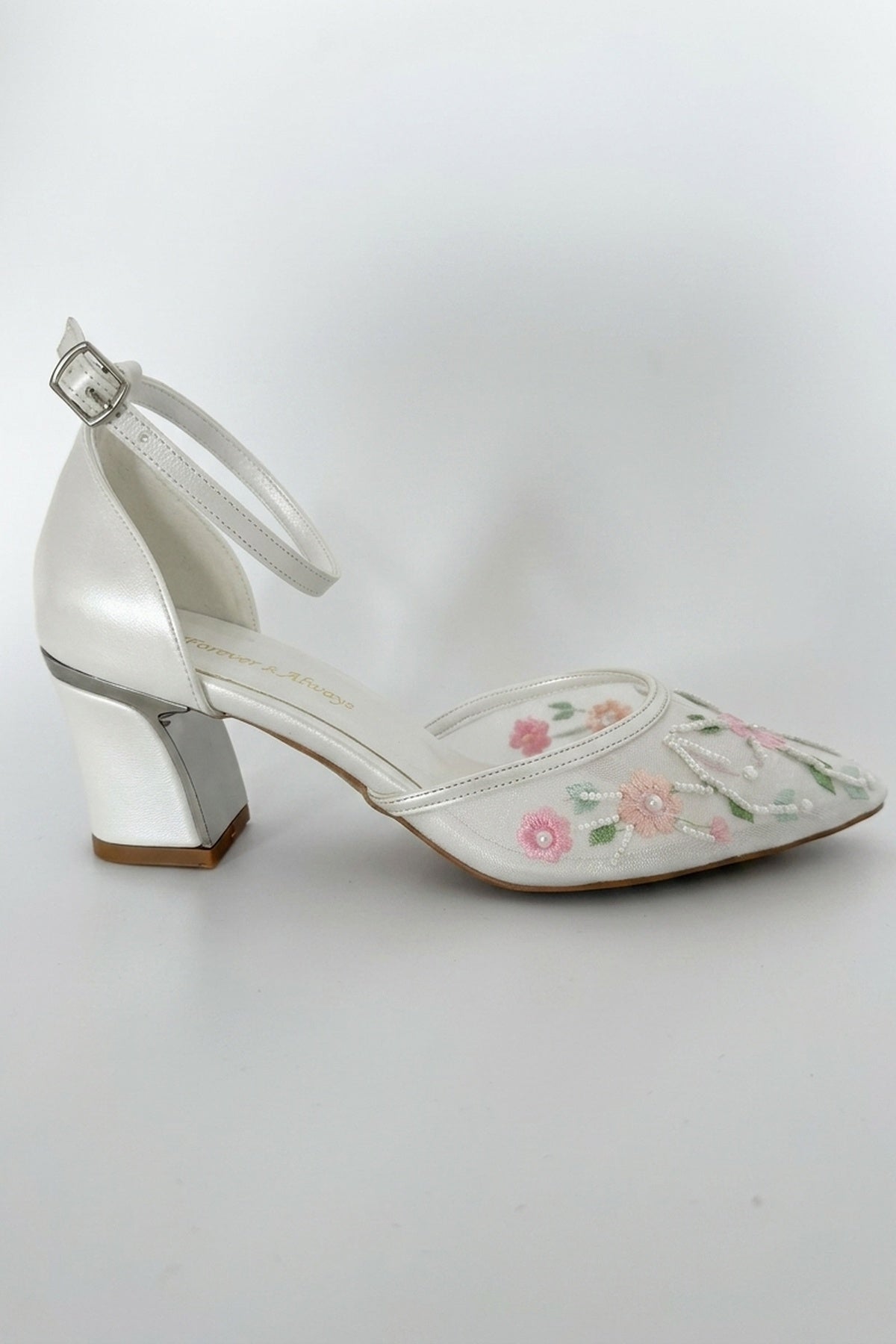 Lorelai Ivory Embroidered Mesh Pumps – side view showing beaded, mesh, metallic, Vowalisse