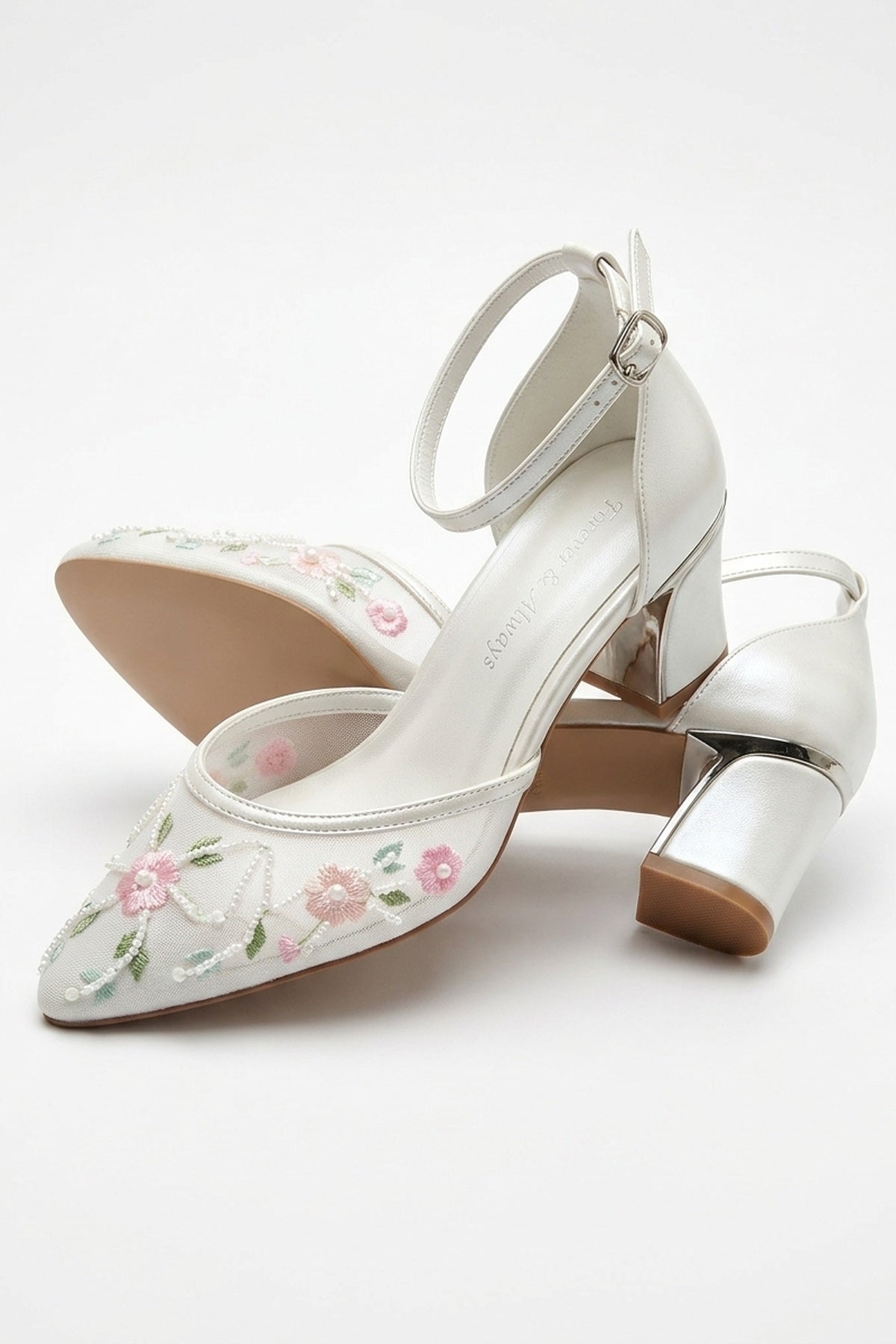 Lorelai Ivory Embroidered Mesh Pumps – heel view showing beaded, mesh, metallic, Vowalisse