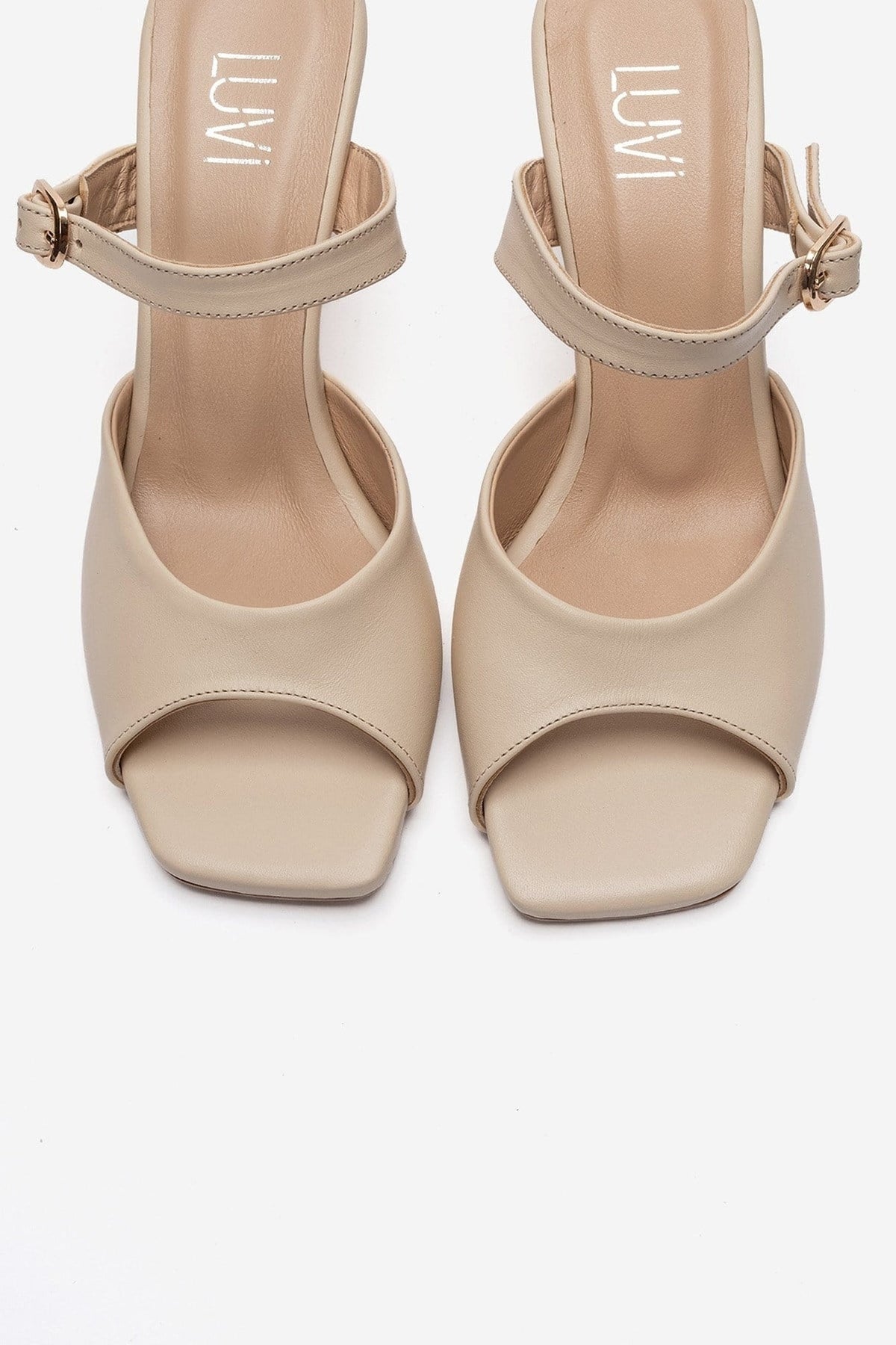 Urael - Beige Genuine Leather Heeled Sandal – side view showing leather, Vowalisse