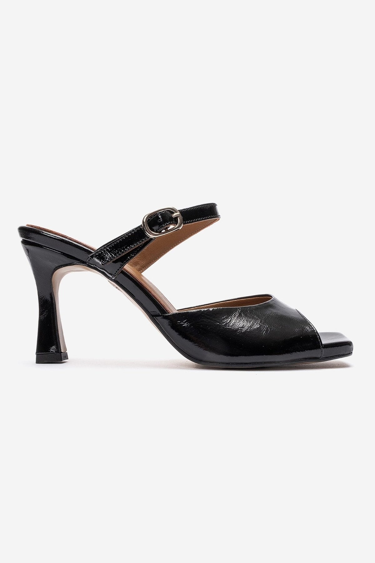 Urael - Black Genuine Leather Heeled Sandal – heel view showing leather, black, Vowalisse
