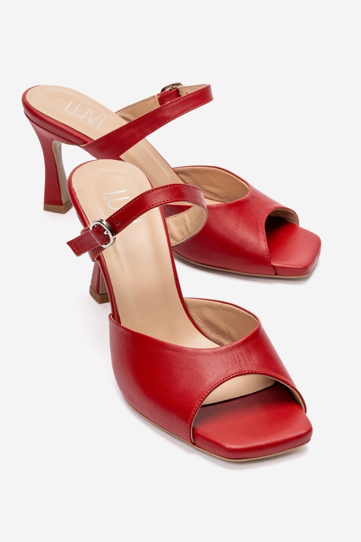 Urael - Red Genuine Leather Heeled Sandal – front three-quarter view showing leather, red, Vowalisse