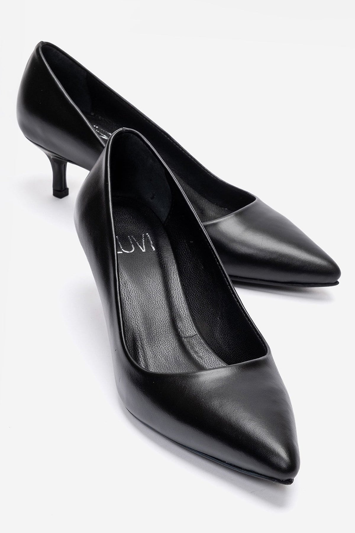 Jalen - Black Genuine Leather Stiletto Pump – front three-quarter view showing leather, black, Vowalisse