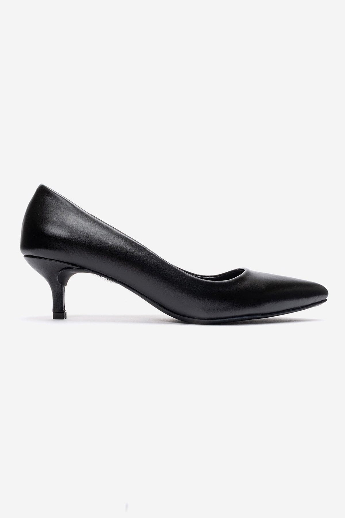 Jalen - Black Genuine Leather Stiletto Pump – heel view showing leather, black, Vowalisse