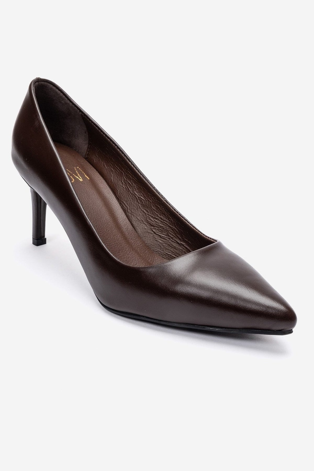 Clyde - Brown Genuine Leather Stiletto Pump – detail view showing leather, Vowalisse