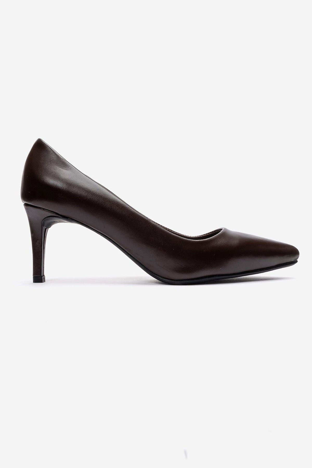 Clyde - Brown Genuine Leather Stiletto Pump – heel view showing leather, Vowalisse