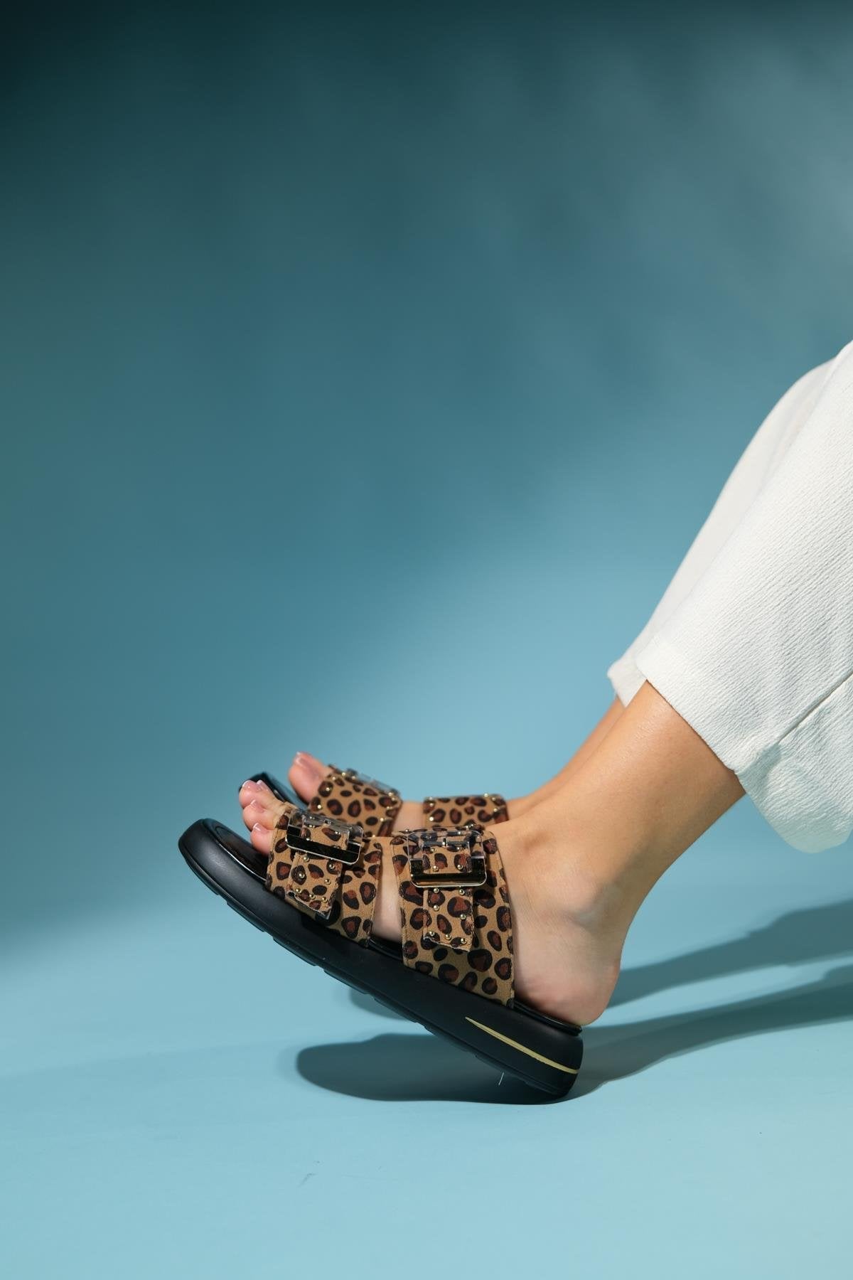 Zley Leopard Buckle Sandal – detail view showing leather, red, Vowalisse