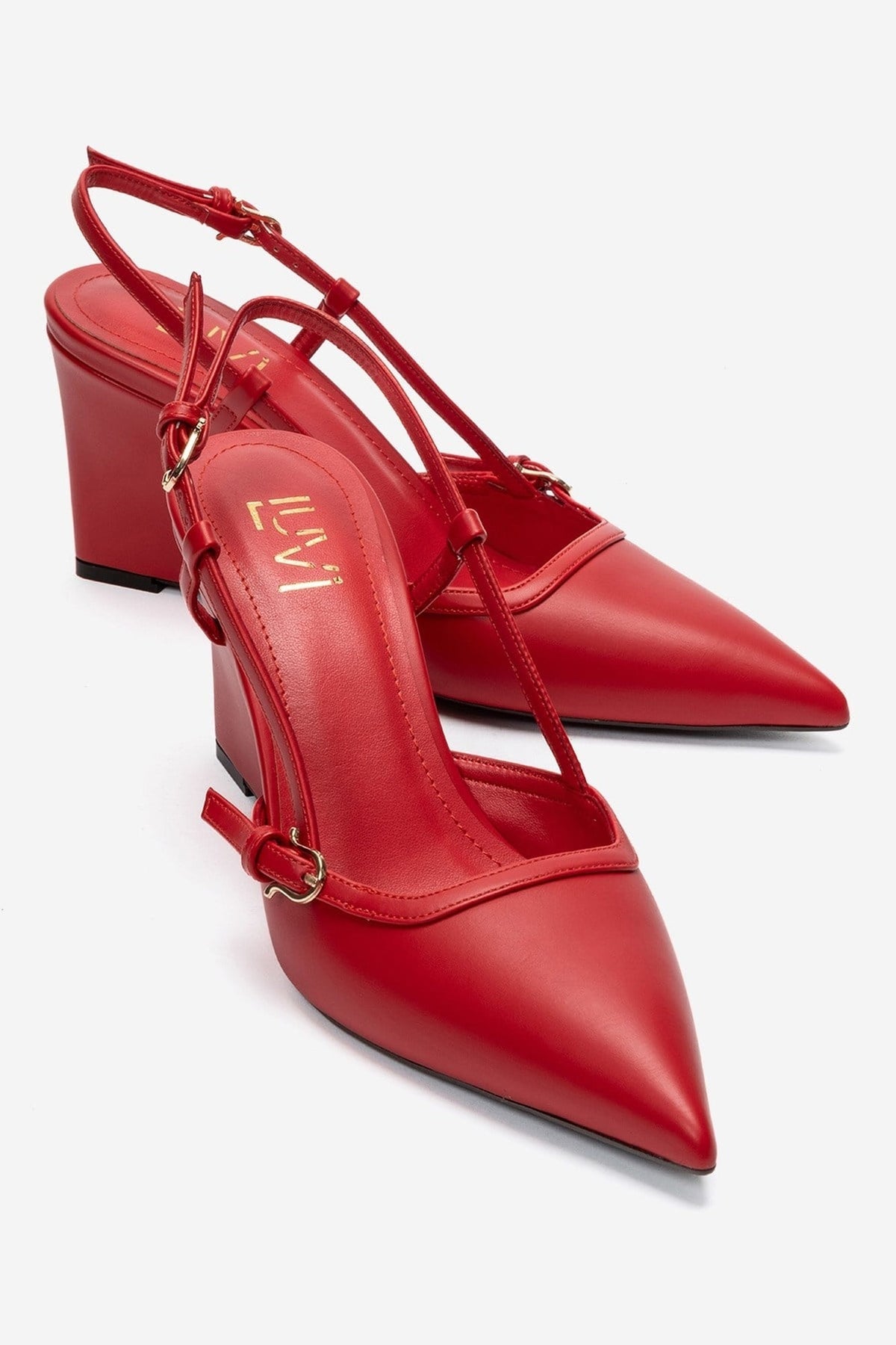 CELIA - Red Pointed Toe Wedge Heel Shoe – front three-quarter view showing leather, red, Vowalisse