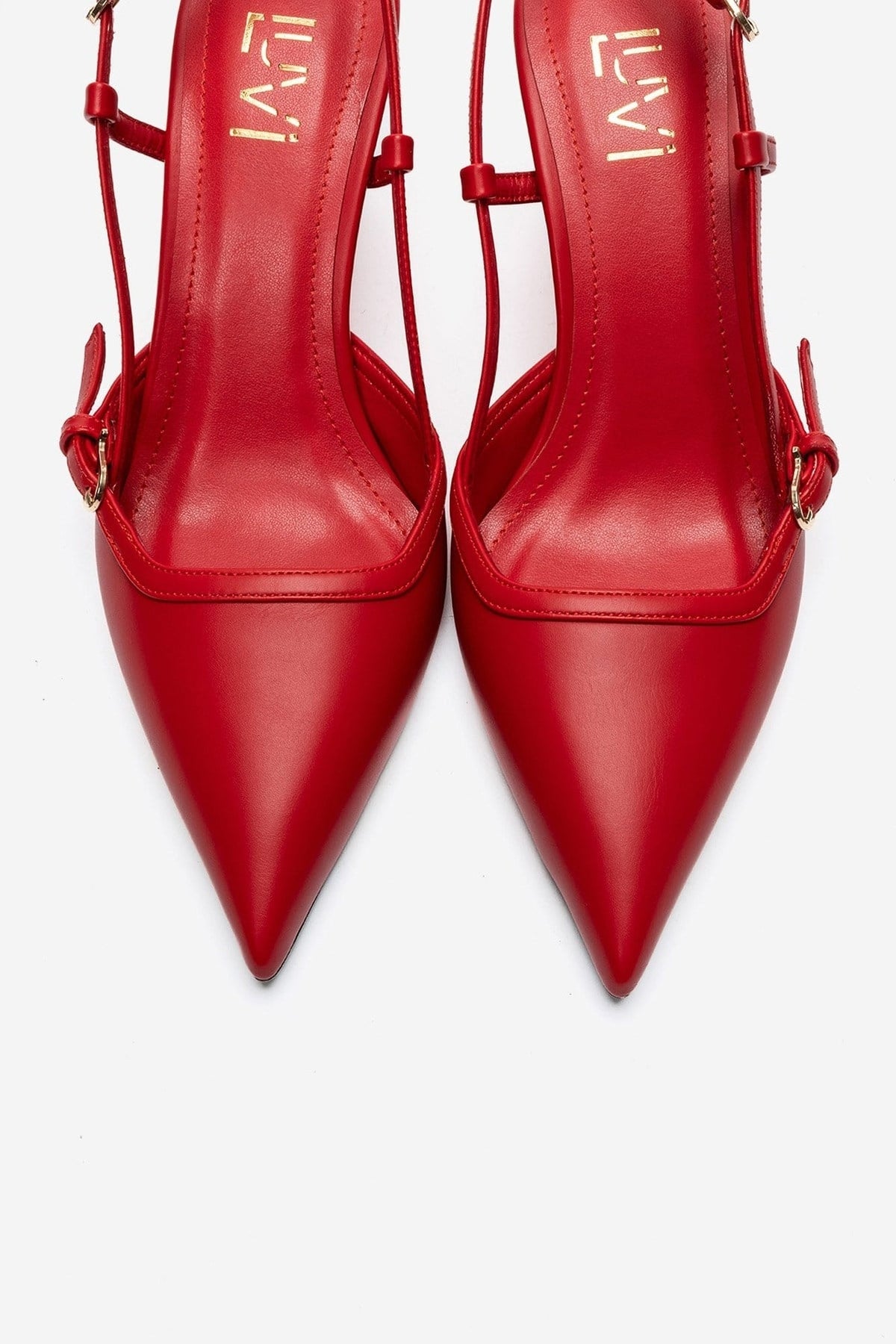CELIA - Red Pointed Toe Wedge Heel Shoe – side view showing leather, red, Vowalisse