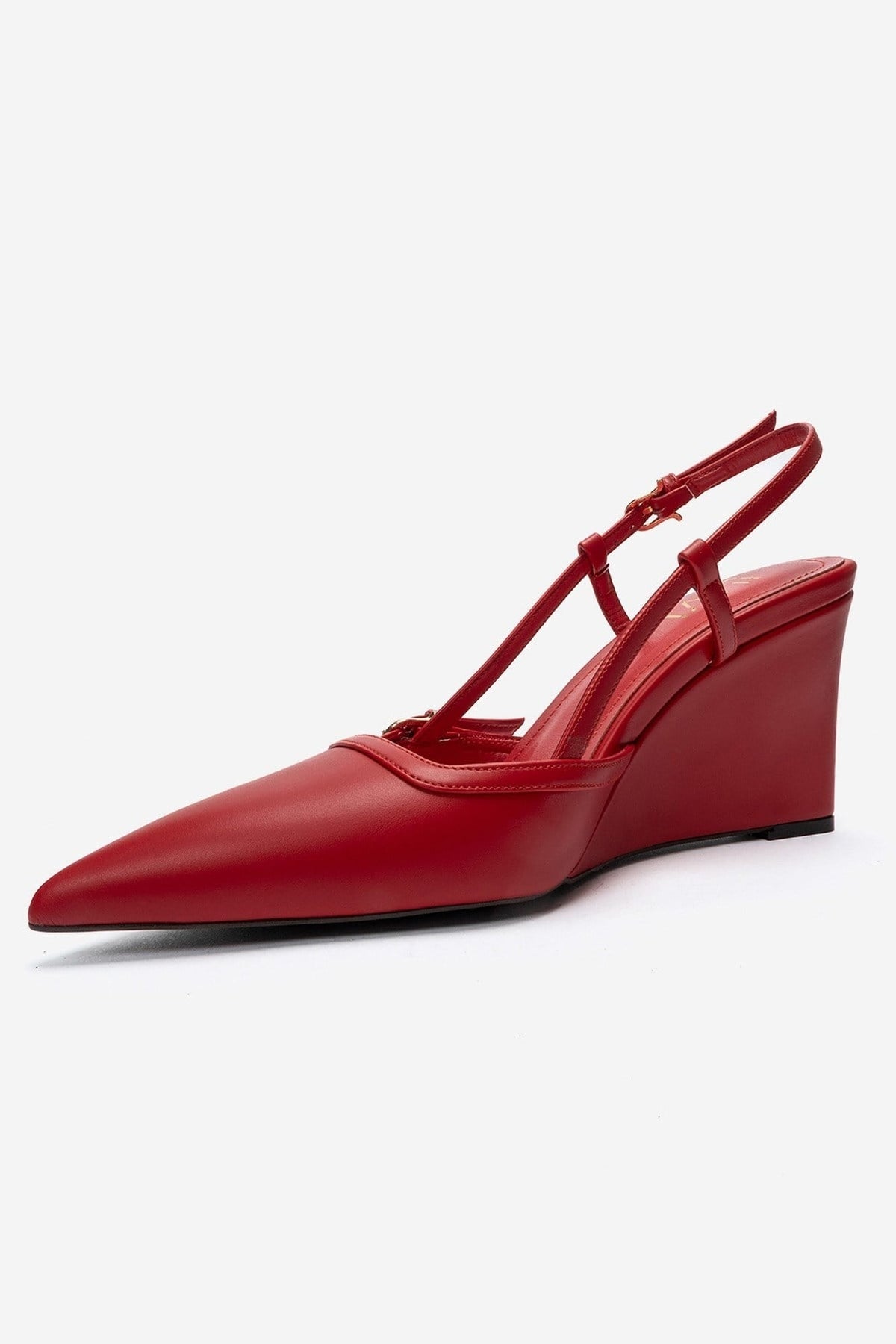 CELIA - Red Pointed Toe Wedge Heel Shoe – top view showing leather, red, Vowalisse