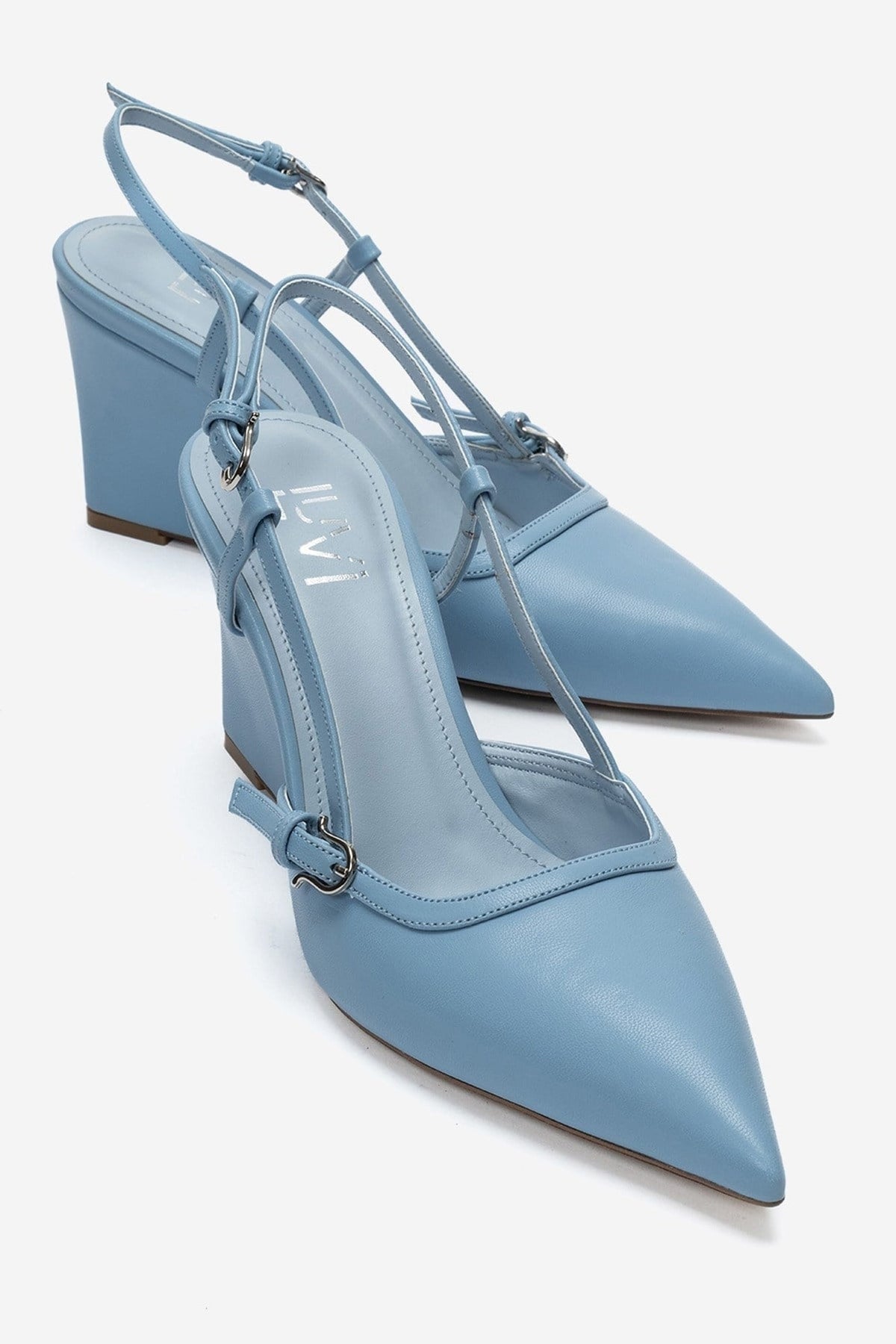 CELIA - Blue Pointed Toe Wedge Heel Shoe – front three-quarter view showing leather, blue, Vowalisse