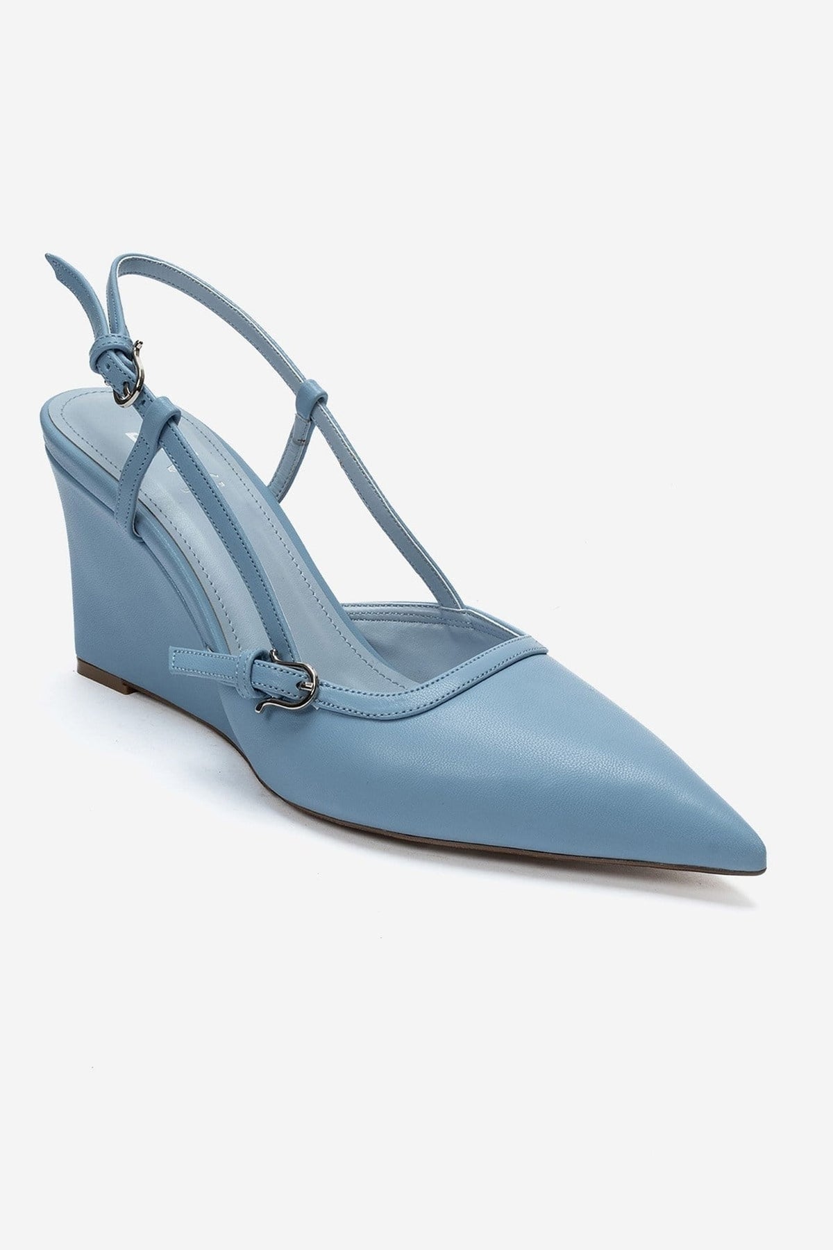 CELIA - Blue Pointed Toe Wedge Heel Shoe – detail view showing leather, blue, Vowalisse