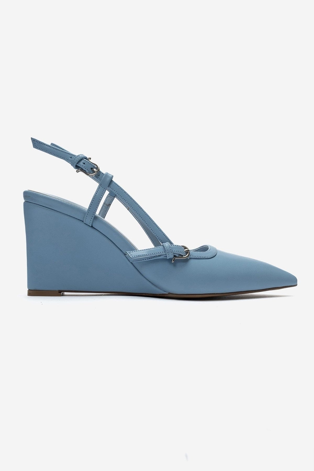 CELIA - Blue Pointed Toe Wedge Heel Shoe – heel view showing leather, blue, Vowalisse