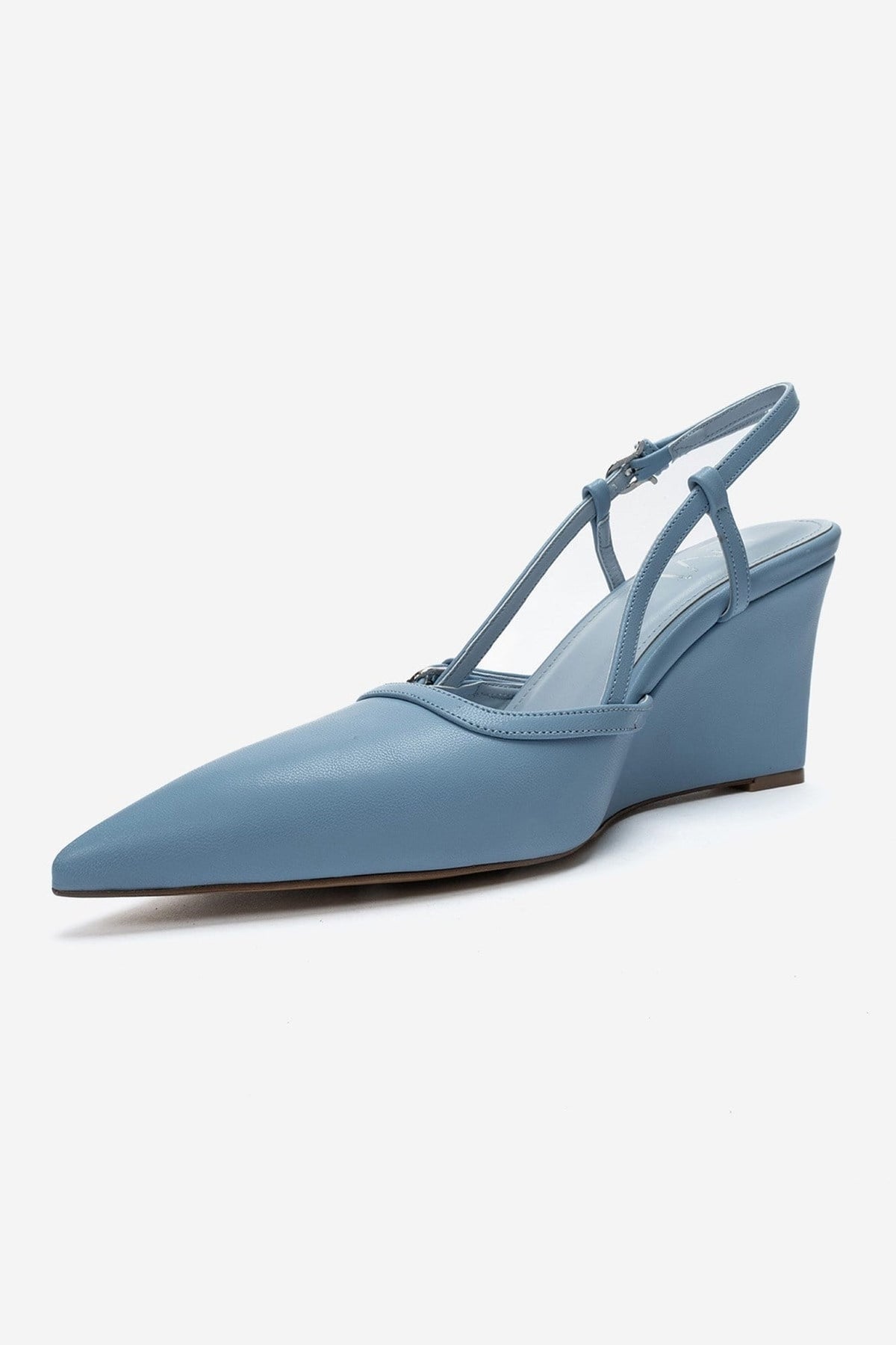 CELIA - Blue Pointed Toe Wedge Heel Shoe – top view showing leather, blue, Vowalisse