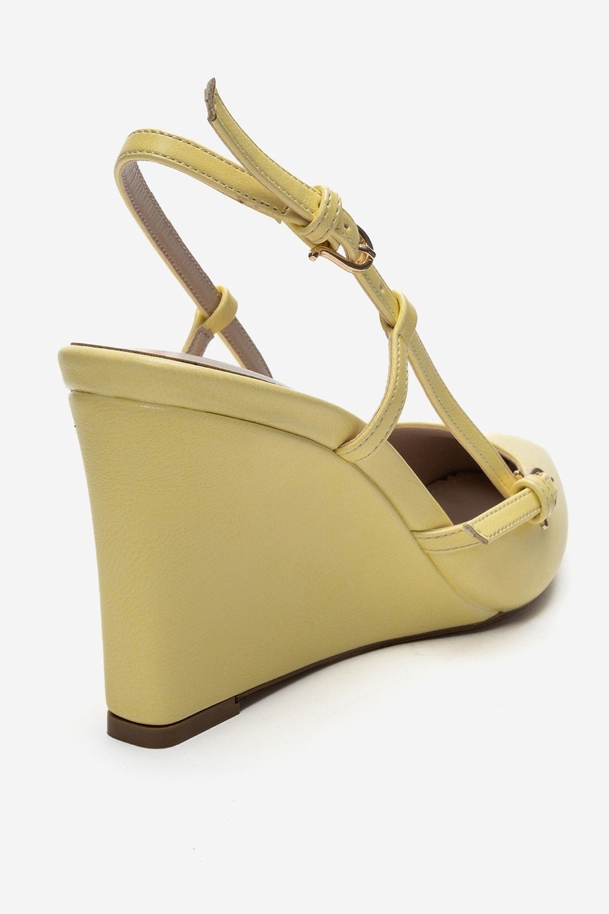 CELIA - Yellow Pointed Toe Wedge Heel Shoe – back view showing leather, Vowalisse