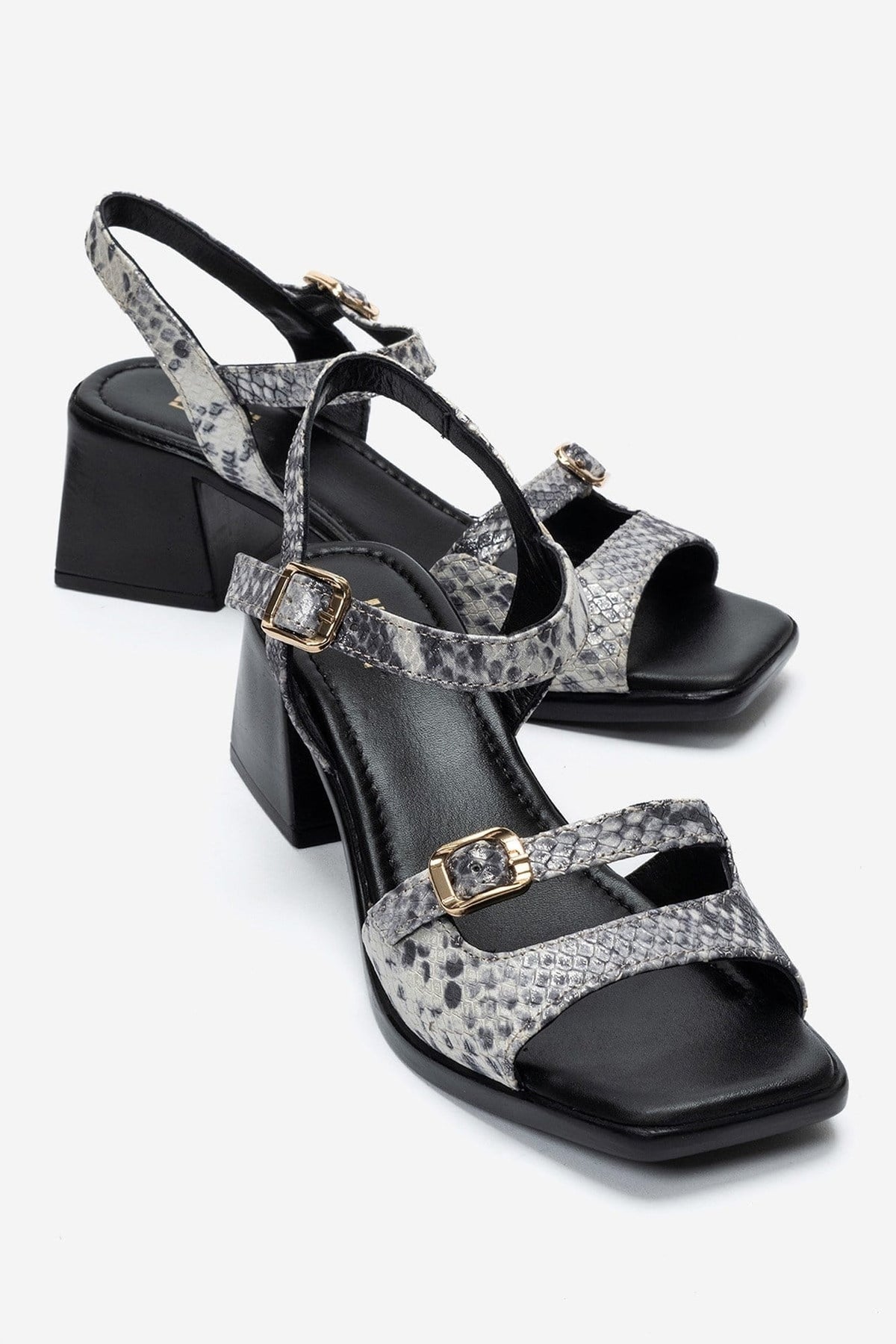 YOLEN - Black Patterned Genuine Leather Block Heel Sandal – front three-quarter view showing leather, black, red, Vowalisse
