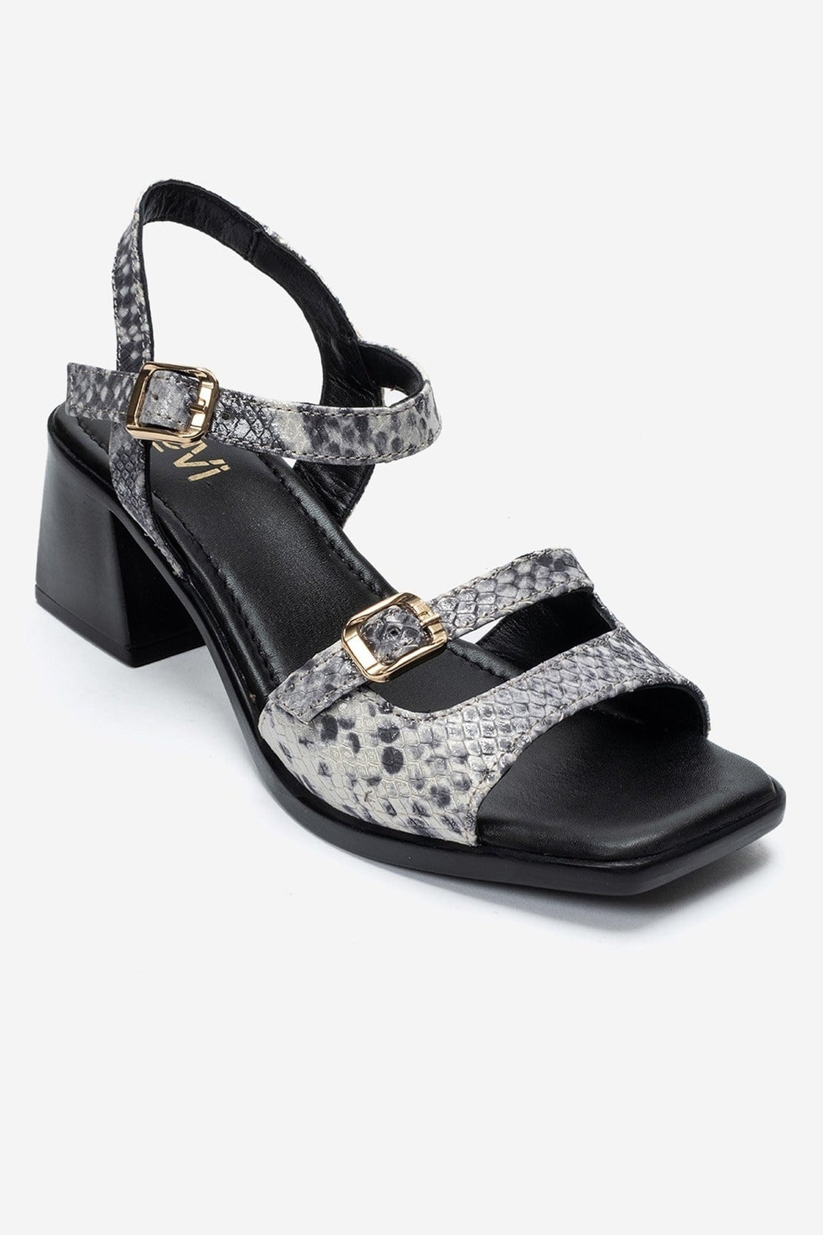 YOLEN - Black Patterned Genuine Leather Block Heel Sandal – detail view showing leather, black, red, Vowalisse