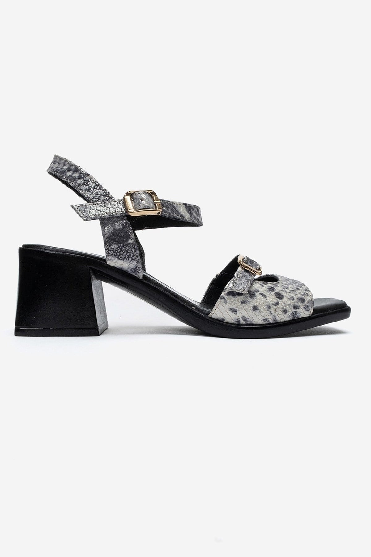 YOLEN - Black Patterned Genuine Leather Block Heel Sandal – heel view showing leather, black, red, Vowalisse