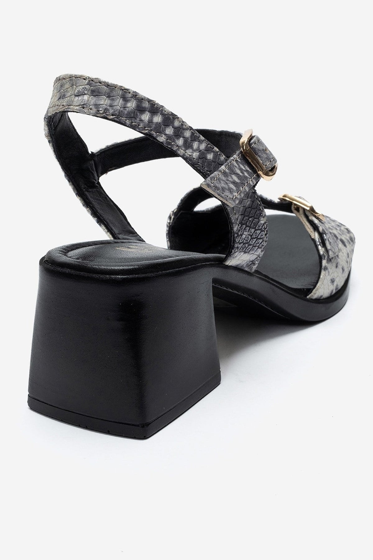 YOLEN - Black Patterned Genuine Leather Block Heel Sandal – back view showing leather, black, red, Vowalisse