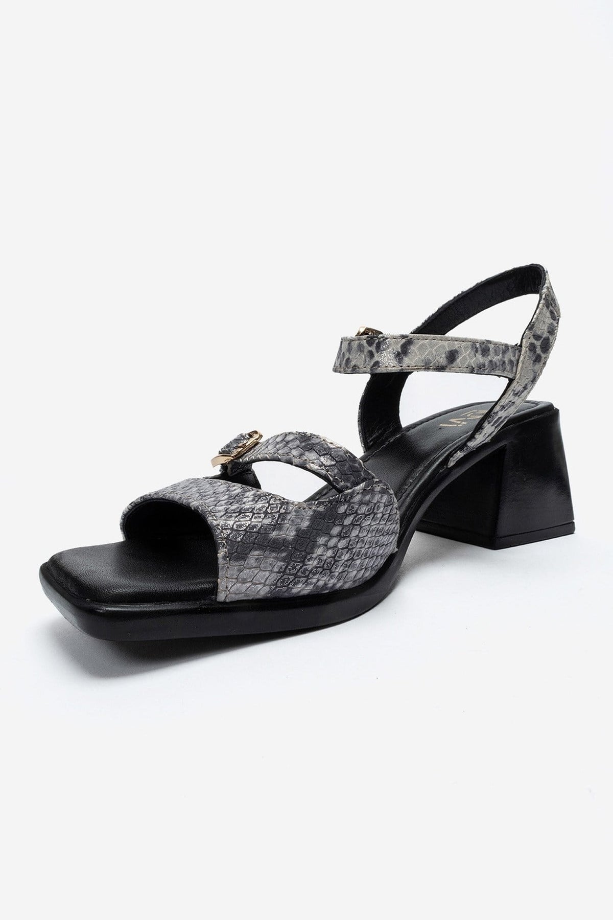 YOLEN - Black Patterned Genuine Leather Block Heel Sandal – top view showing leather, black, red, Vowalisse