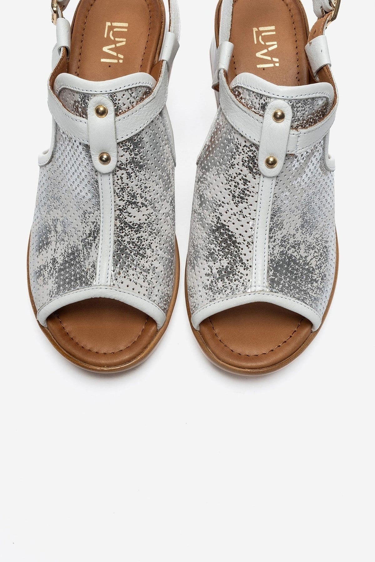 JANELLE - White Genuine Leather Block Heel Sandal – side view showing leather, metallic, white, Vowalisse