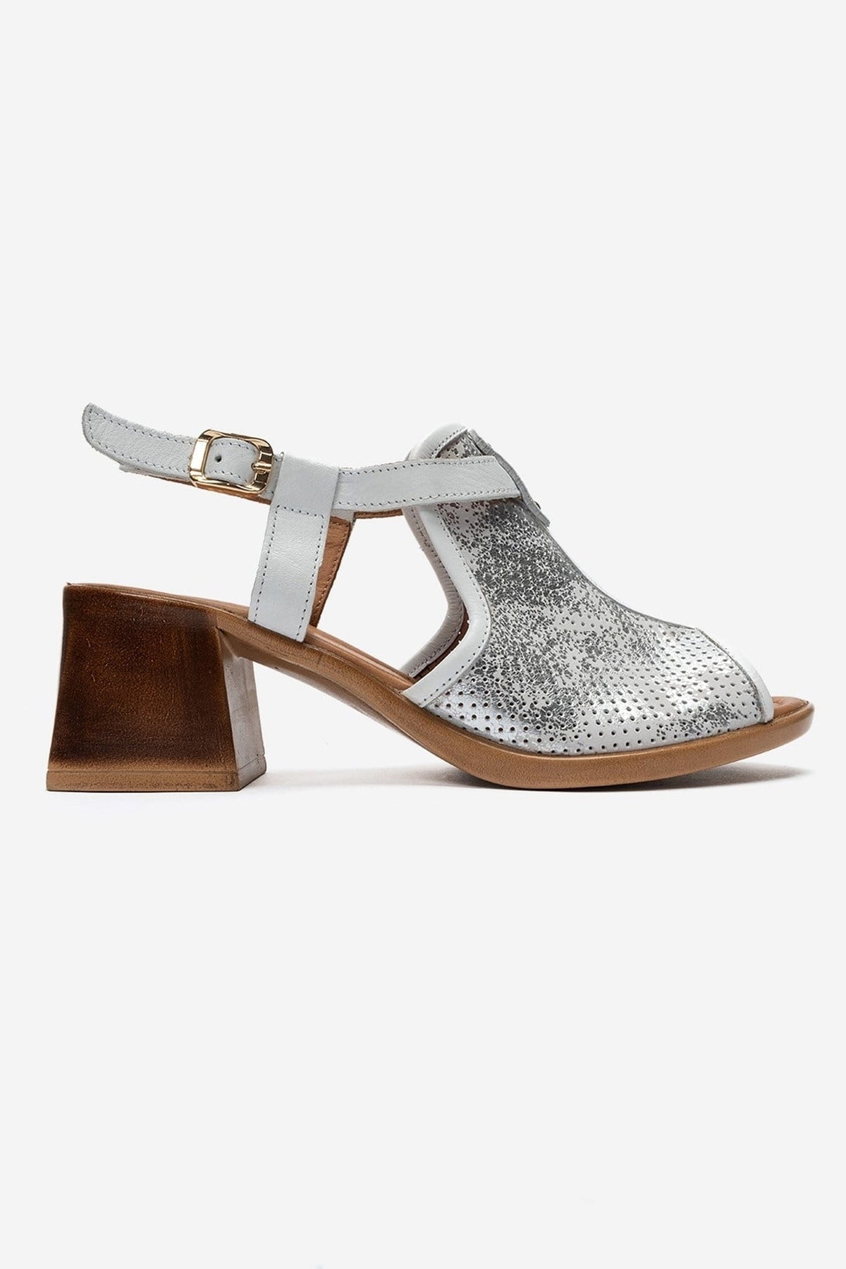 JANELLE - White Genuine Leather Block Heel Sandal – heel view showing leather, metallic, white, Vowalisse